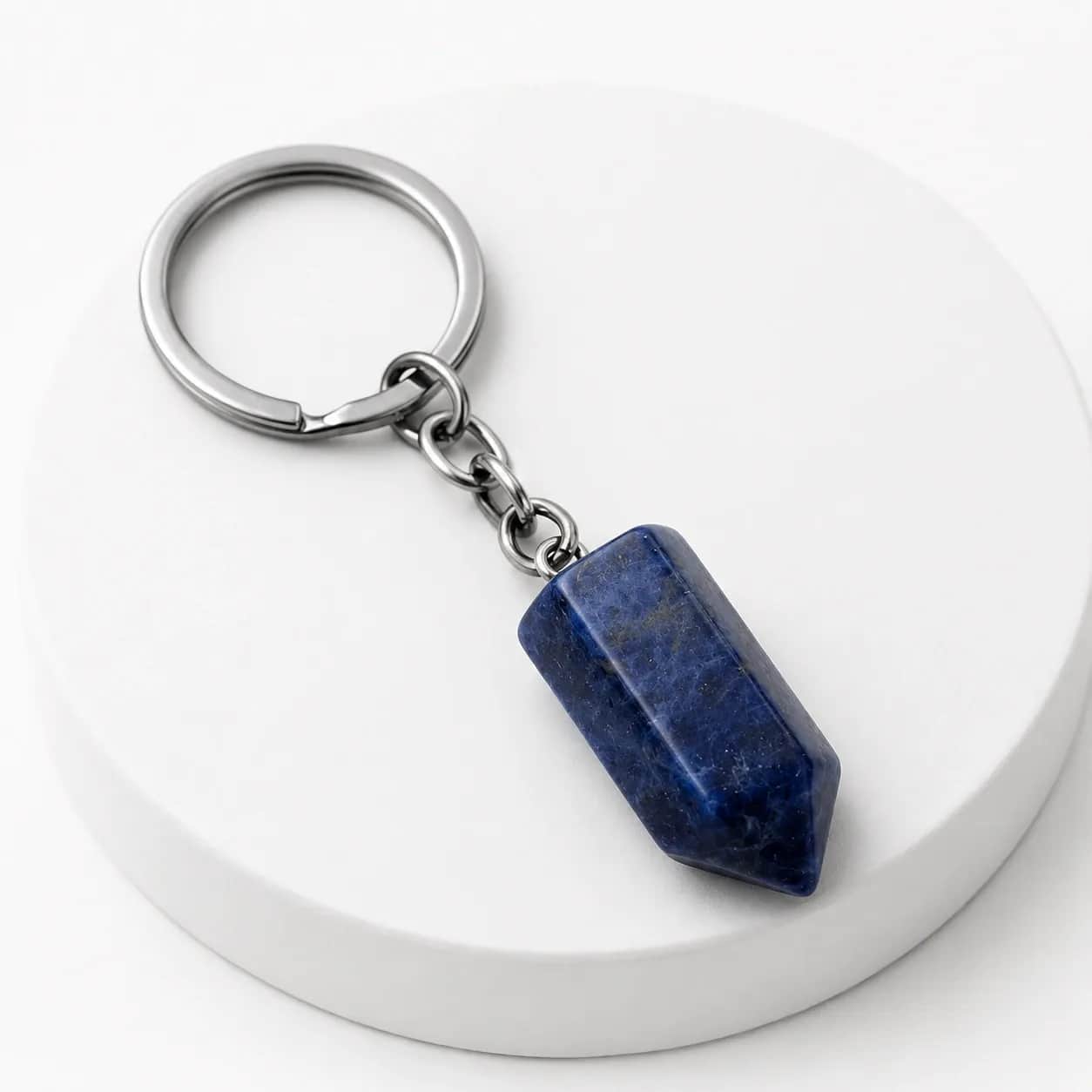 Natural Sodalite Crystal Point Keychain - Deep Blue Polished Stone Key Ring 2