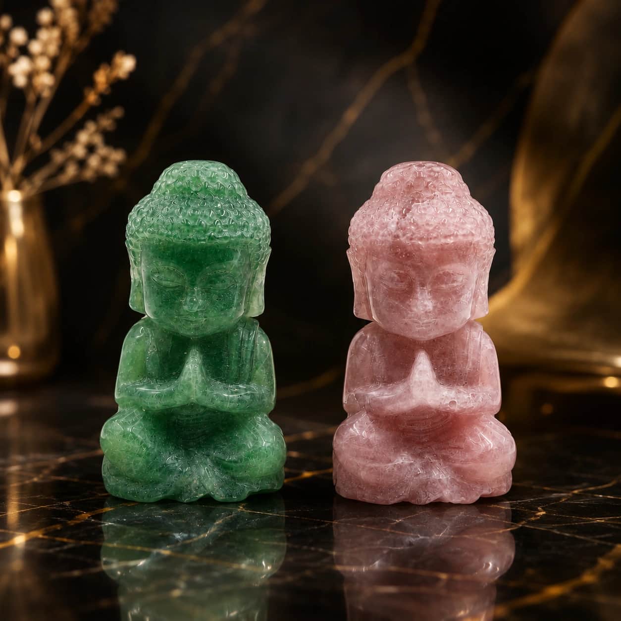 Natural Stone Buddha Decor Figurine | Hand-Carved Green Aventurine & Rose Quartz Buddha Statue for Home Decor, Meditation & Gifting 1