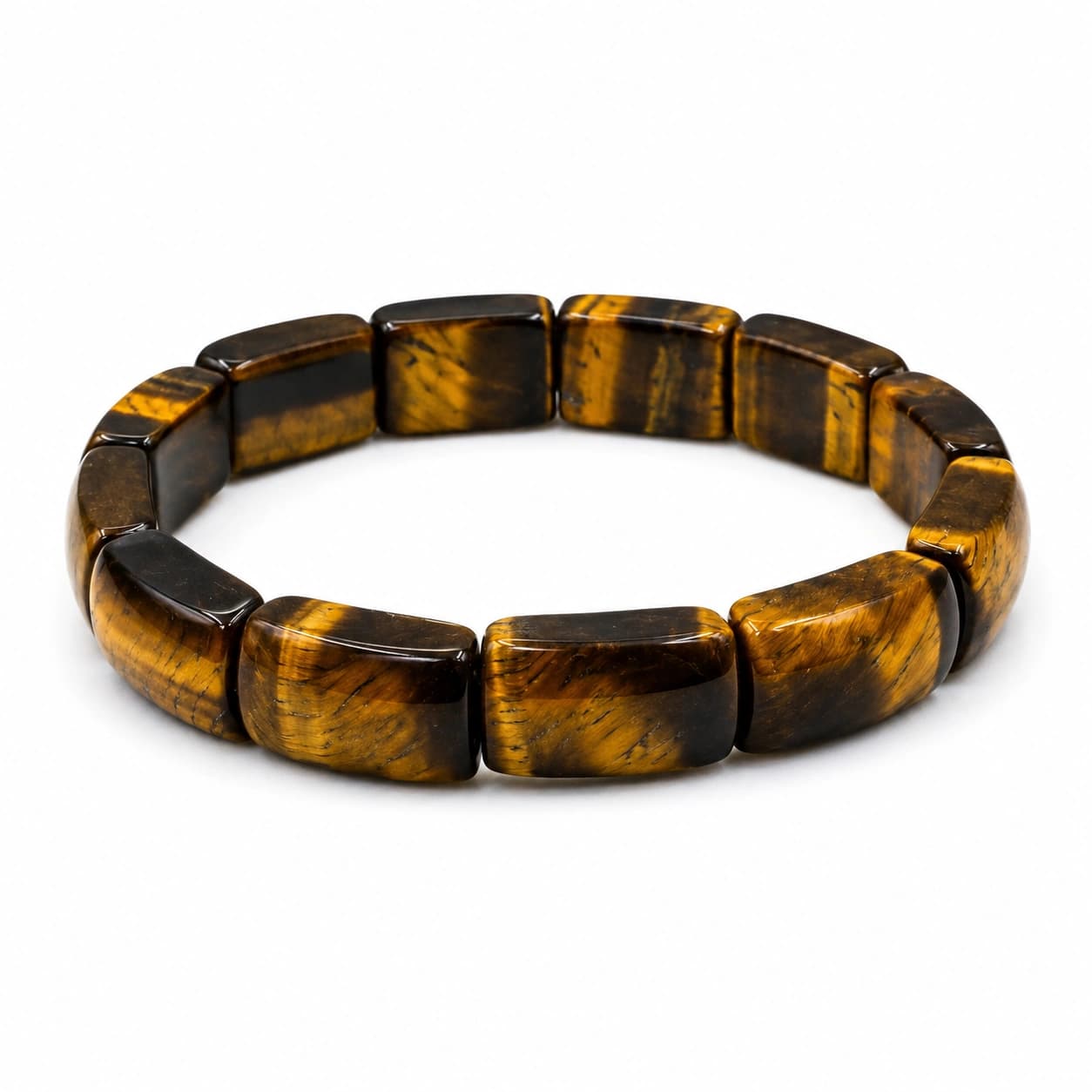 Natural Tiger Eye Bracelet - Tile Bead Stretch Bracelet for Confidence, Protection, Focus & Courage | Premium Healing Crystal Jewellery | Unisex | 14 Beads / 15-16 mm