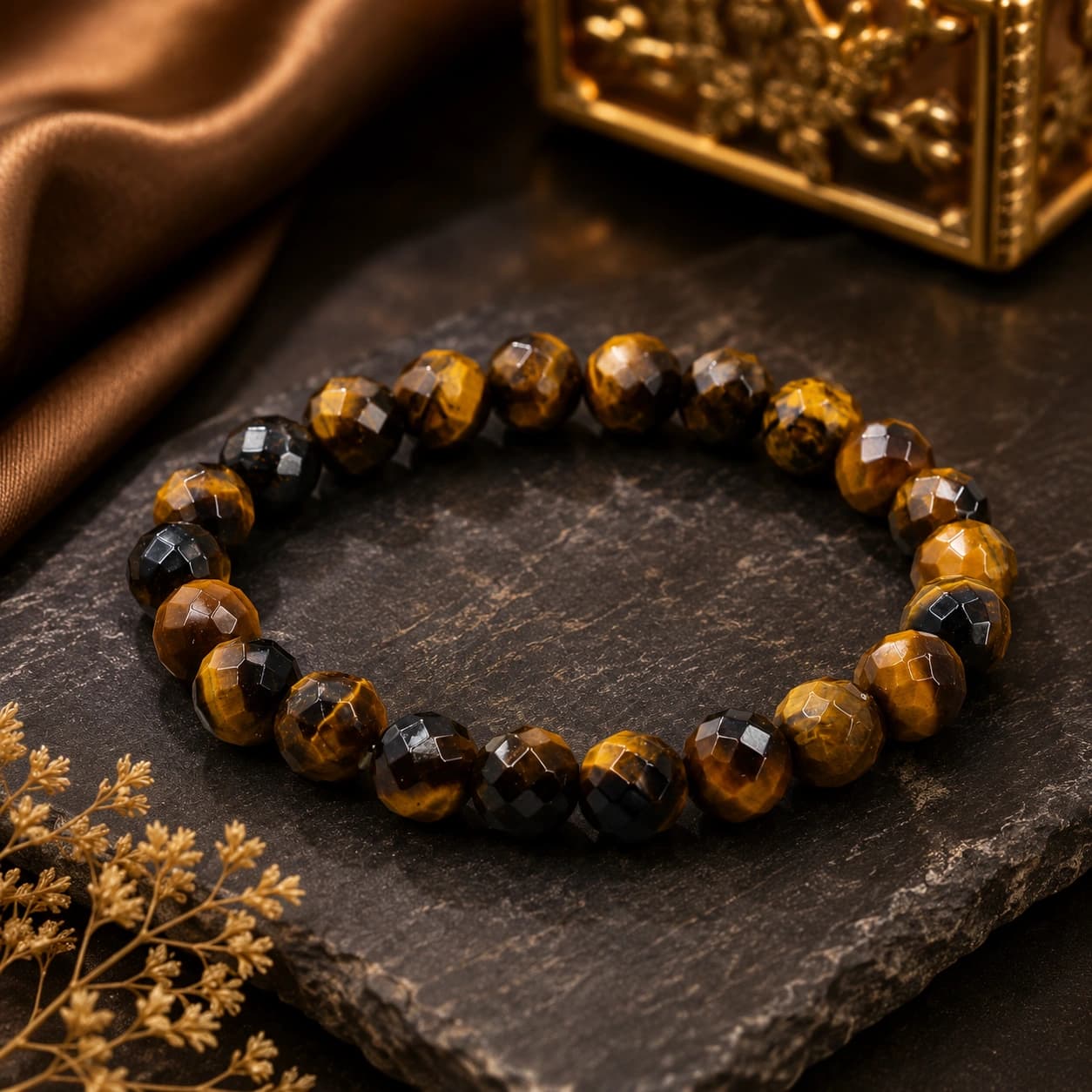 Natural Tiger Eye Crystal Bracelet - Faceted Round Bead Stretch Bracelet for Protection, Courage, Confidence & Focus | The 'Stone of the Mind' | Available in 8mm & 10mm | Unisex Healing Crystal Jewellery