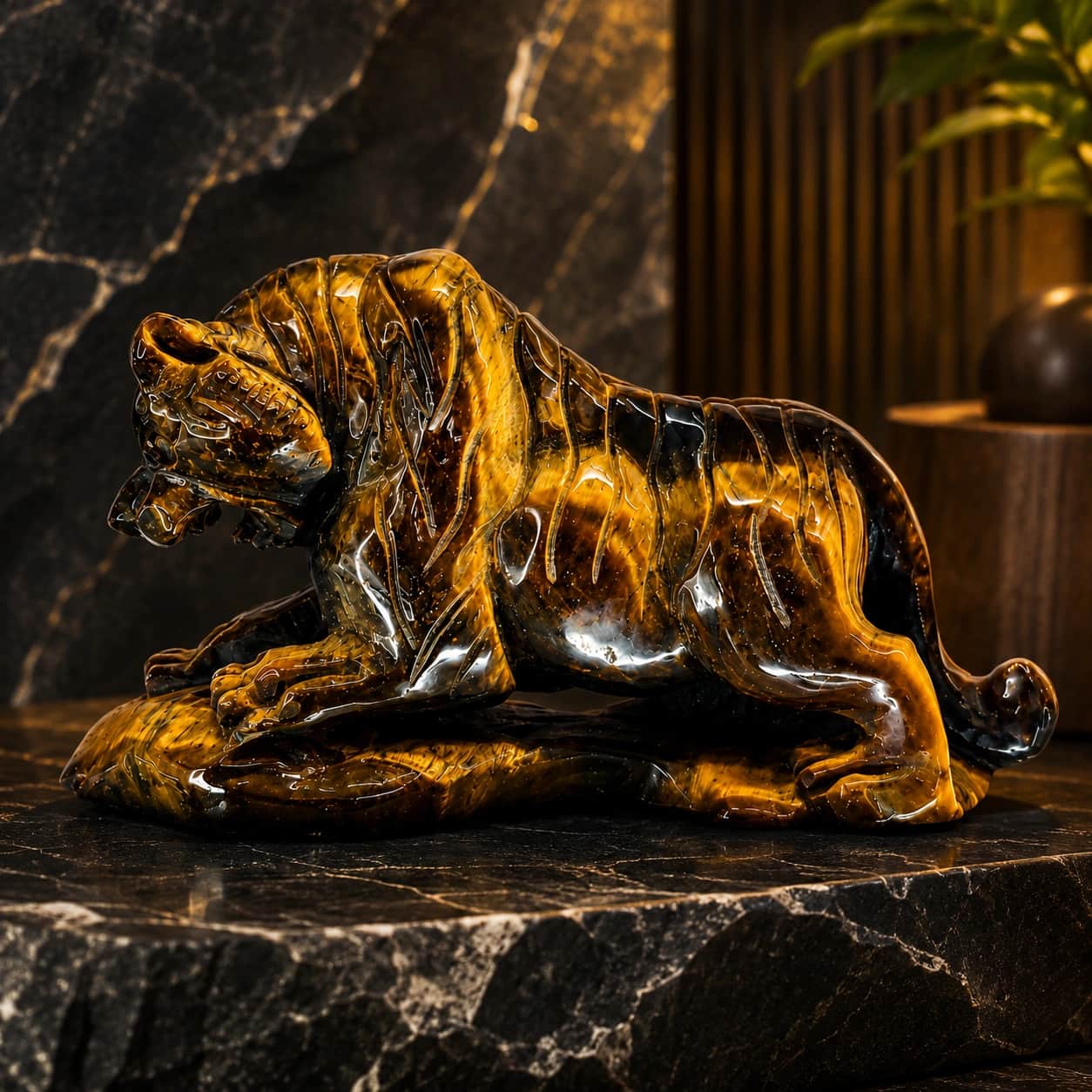 Natural Tiger Eye Crystal Roaring Tiger Statue - Hand-Carved Polished Crystal Showpiece for Courage, Confidence, Protection & Strength | Premium Feng Shui & Vastu Decor for Home, Office & Cash Counter 2