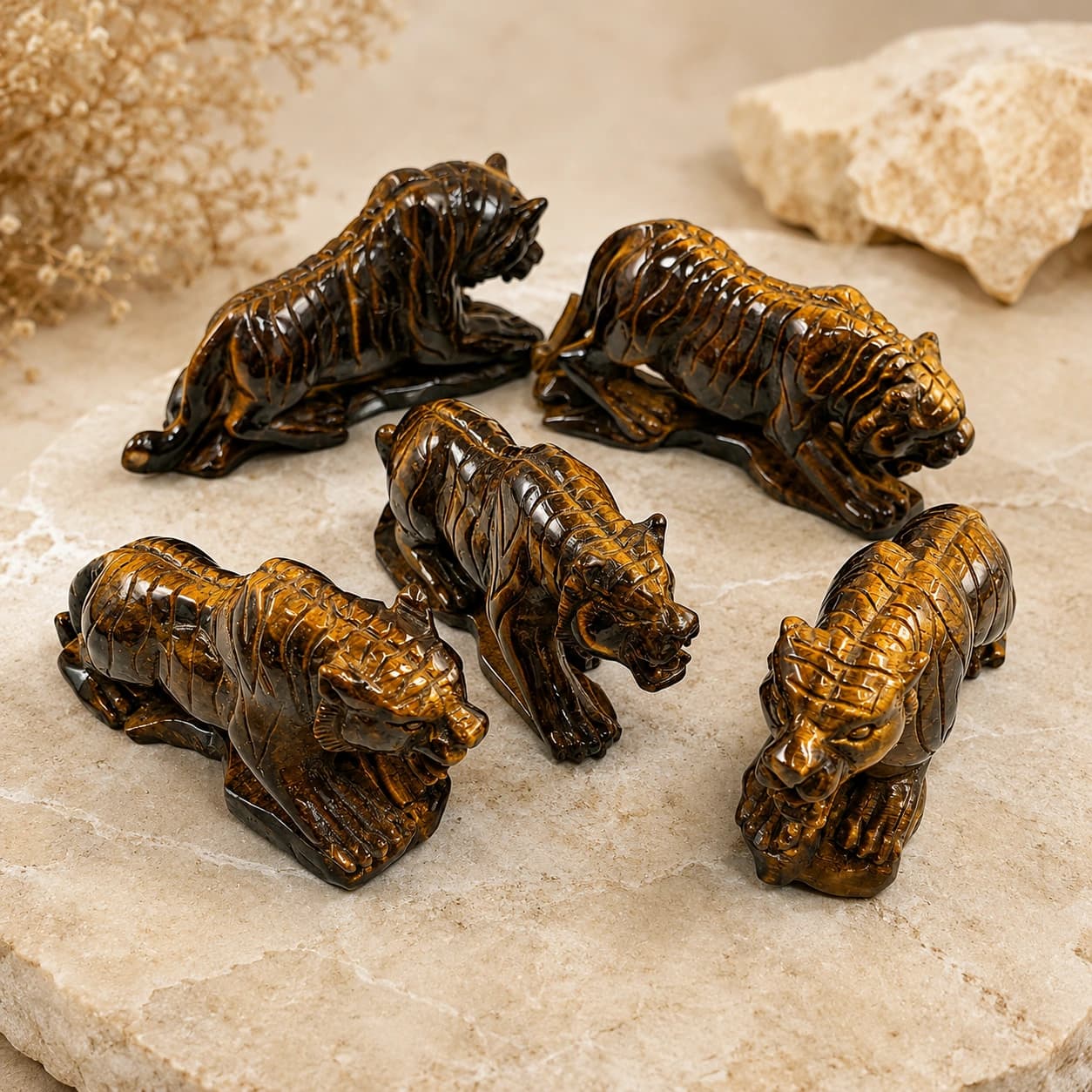 Natural Tiger Eye Crystal Roaring Tiger Statue - Hand-Carved Polished Crystal Showpiece for Courage, Confidence, Protection & Strength | Premium Feng Shui & Vastu Decor for Home, Office & Cash Counter