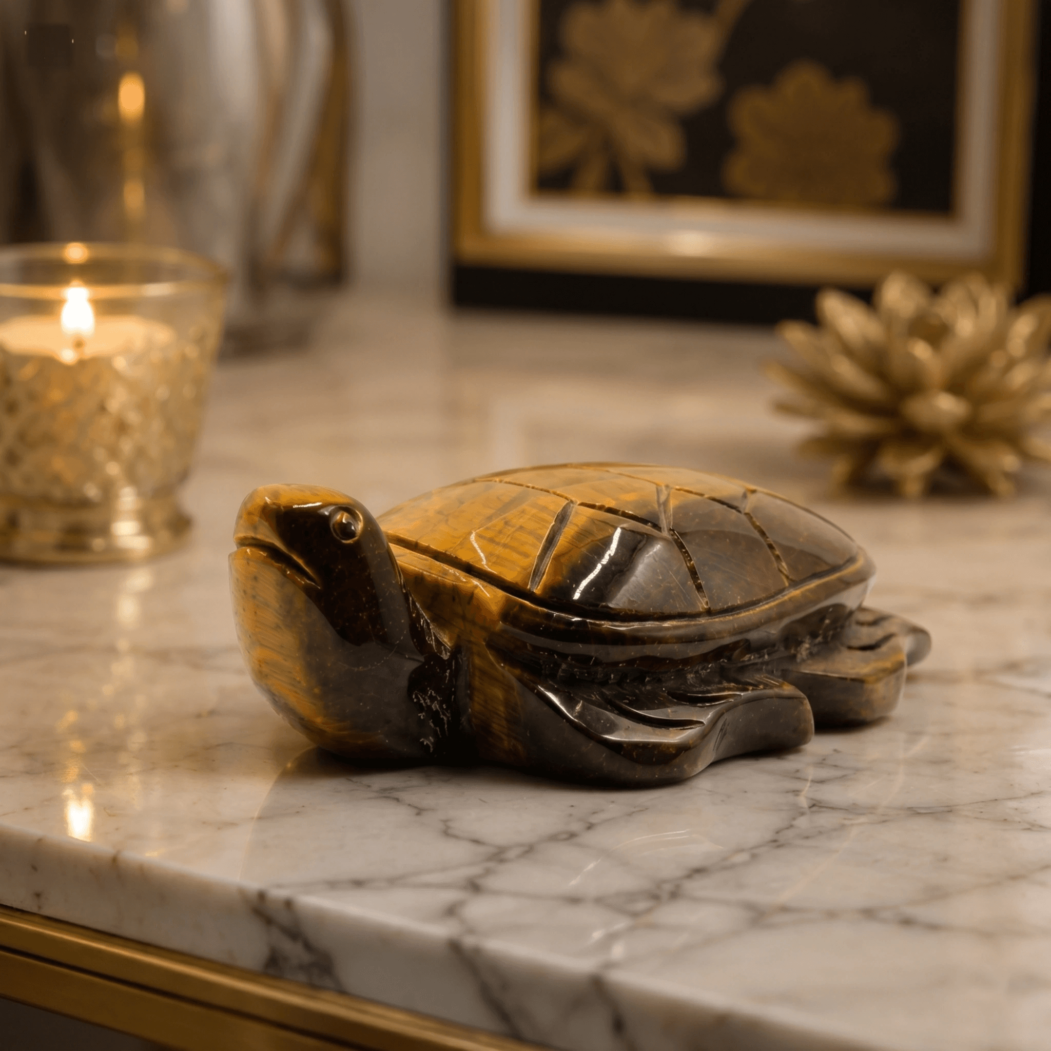 Natural Tiger Eye Turtle Figurine - Hand-Carved Crystal Tortoise for Protection, Good Luck & Positive Energy | Vastu & Feng Shui Home Decor