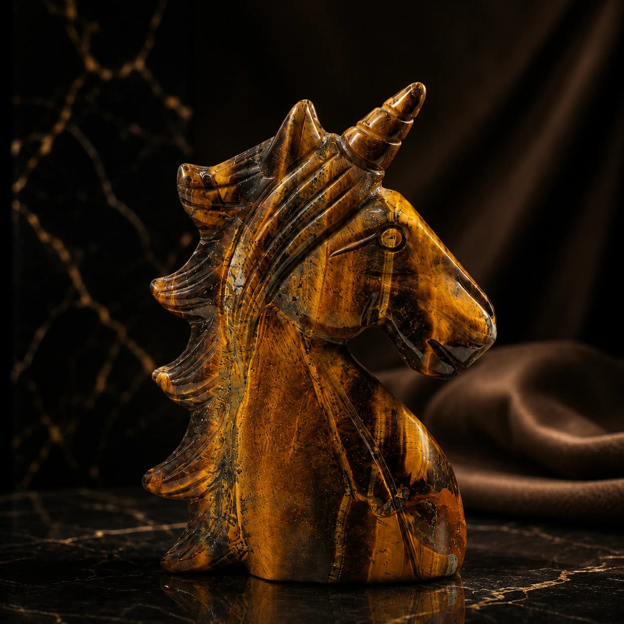 Natural Tiger Eye Unicorn Horse Head Figurine | Hand-Carved Crystal Horse Head Décor