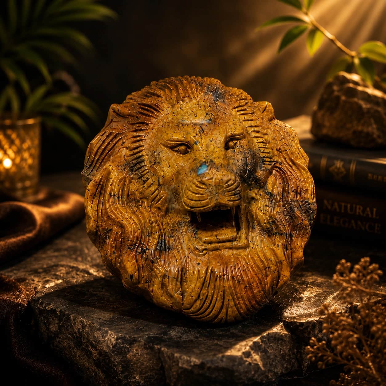 Natural Tiger's Eye Lion Face Carving | Premium Hand-Carved Decor Statue | Symbol of Strength & Protection 1