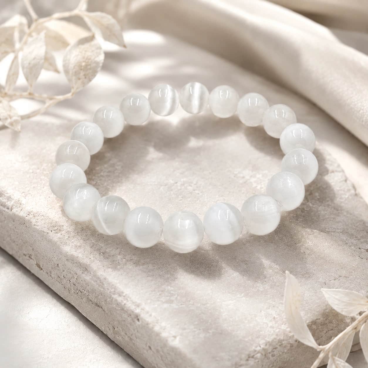 Natural White Selenite Bracelet | Polished Round Beads Stretch Bracelet | 8 MM & 10 MM Crystal Bracelet 1