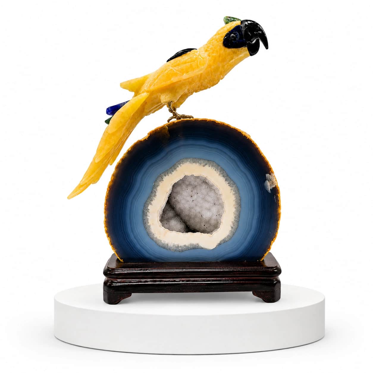 Natural Yellow Calcite Parrot on Blue Agate Geode 2