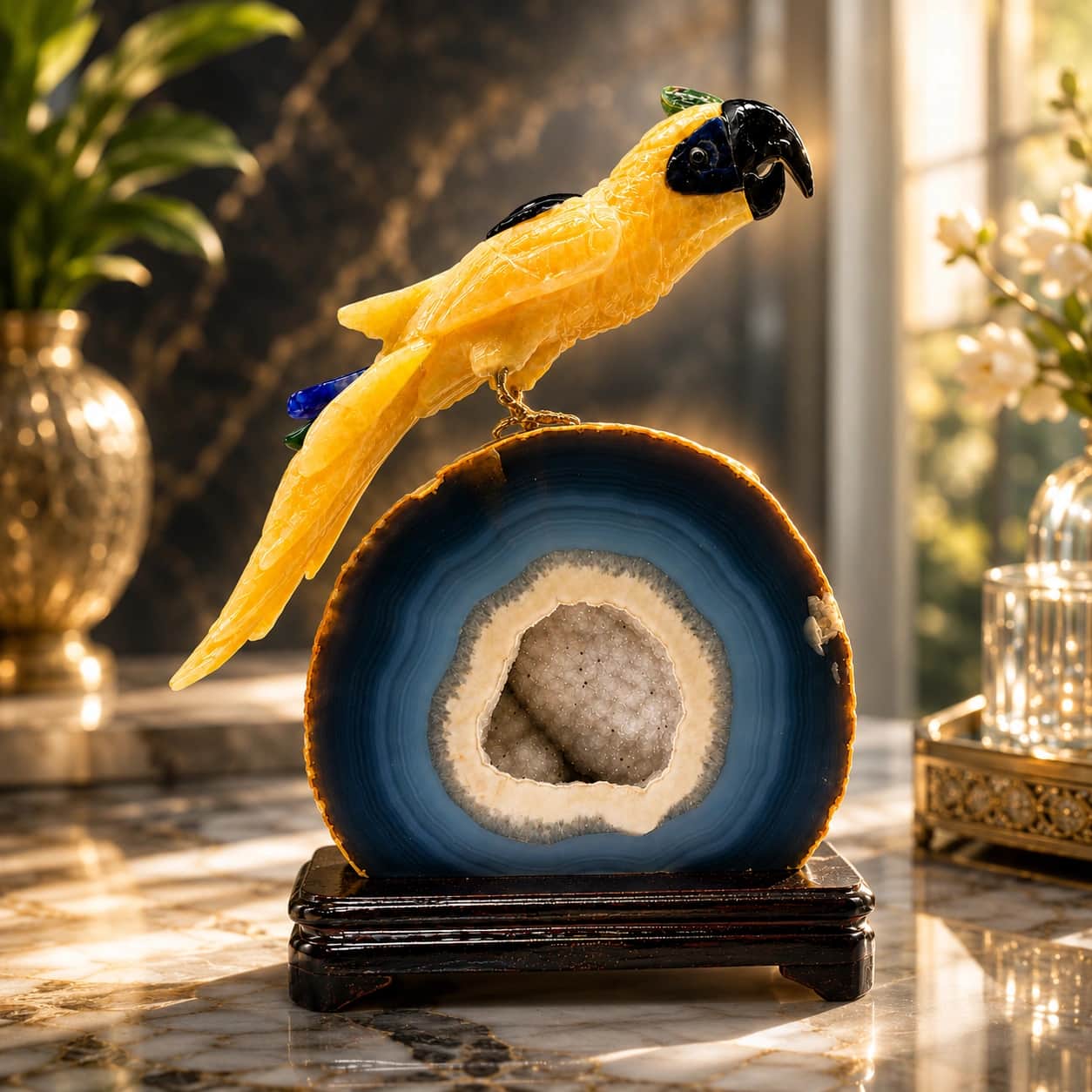 Natural Yellow Calcite Parrot on Blue Agate Geode 1
