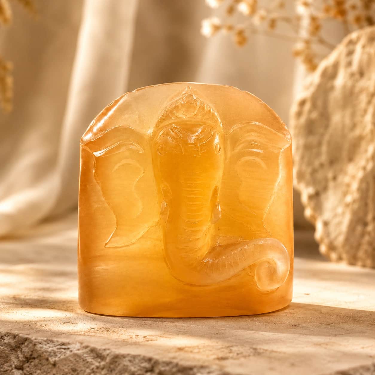 Natural Yellow Selenite Ganesha Idol | Hand-Carved Yellow Selenite Ganesh Decor | Spiritual Home Decor Accent 1
