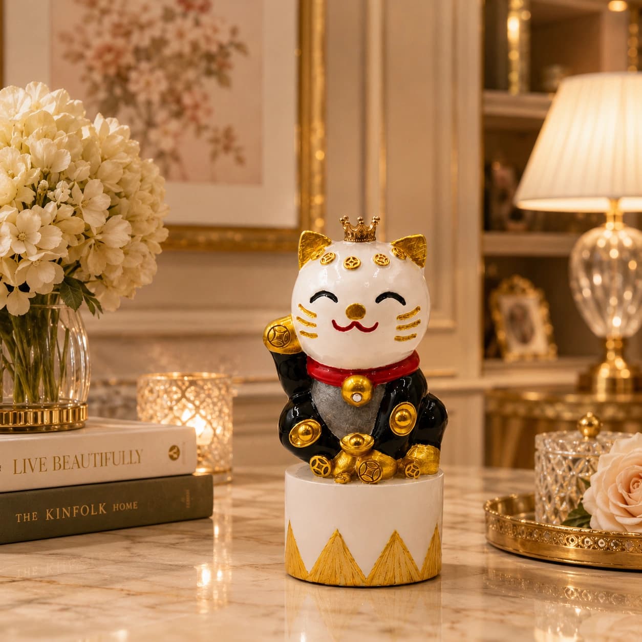 Lucky Crown Waving Cat | Maneki Neko Figurine | Premium Polyresin | Hand-Painted | Selenite Base | Lucky Cat Home Décor & Gift