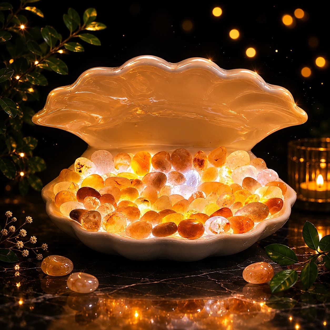 Ocean Glow Clam Shell | Handcrafted Crystal Stone Ambient Light | 6 Variants — Citrine/Honey Quartz, Moss Agate, Amethyst, Green Aventurine, Rose Quartz, Clear/Smoky Quartz | Premium Ceramic Shell | Natural Crystals, LED Ambient Glow & Home Décor
