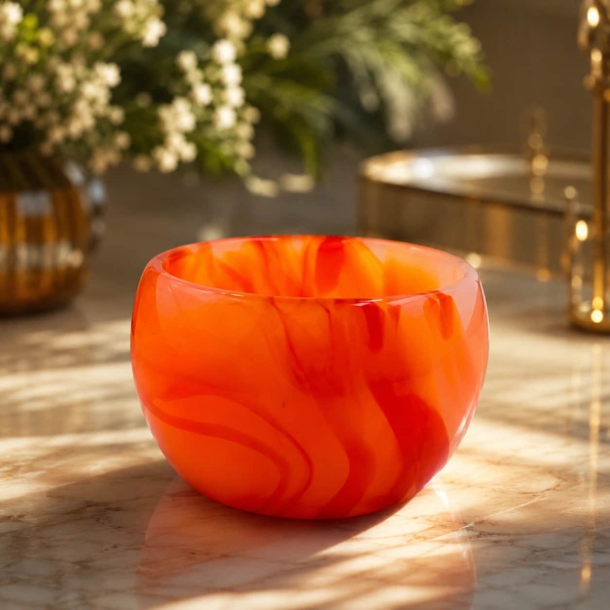 Orange Swirl Stone Bowl - Luxury Handcrafted Decorative Bowl 1
