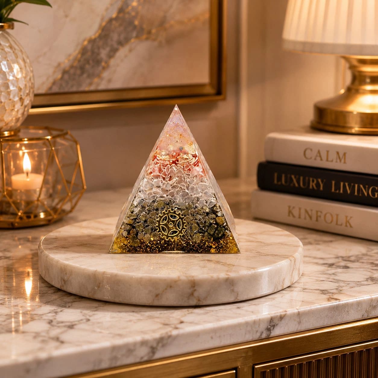 Glass Orgonite Crystal Pyramid | Handcrafted Natural Gemstone | 7 Variants — Rose Quartz, Black Tourmaline, Citrine, Tiger's Eye, Lapis Lazuli, 7 Chakra Sri Yantra, Vegvisir Duality | Pure Copper Coil | EMF Protection, Meditation & Home Décor