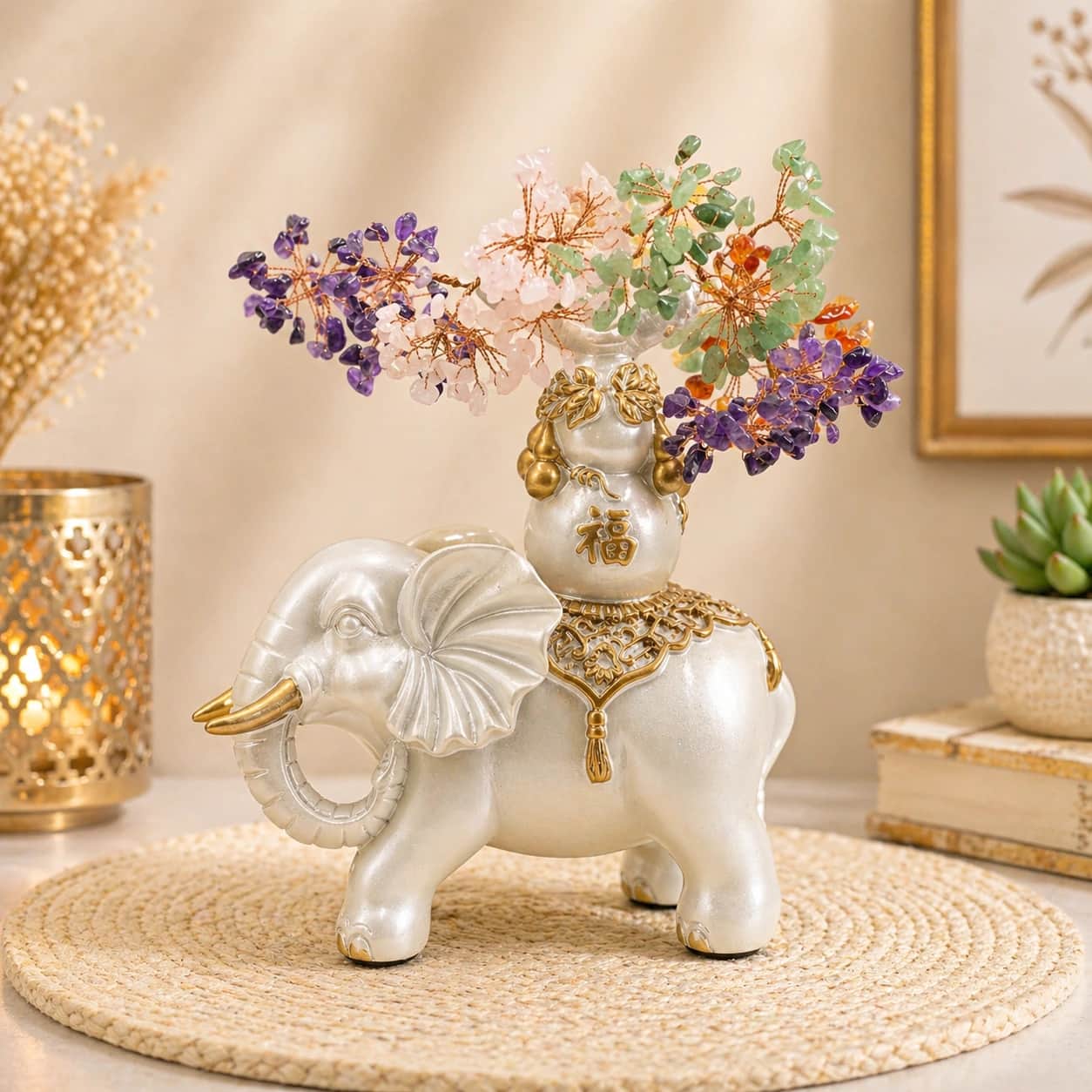 Pearl White Feng Shui Elephant with 5-Stone Crystal Tree & Fortune (Fu) Bag – Handcrafted Decorative Showpiece for Wealth, Luck & Positive Energy 1
