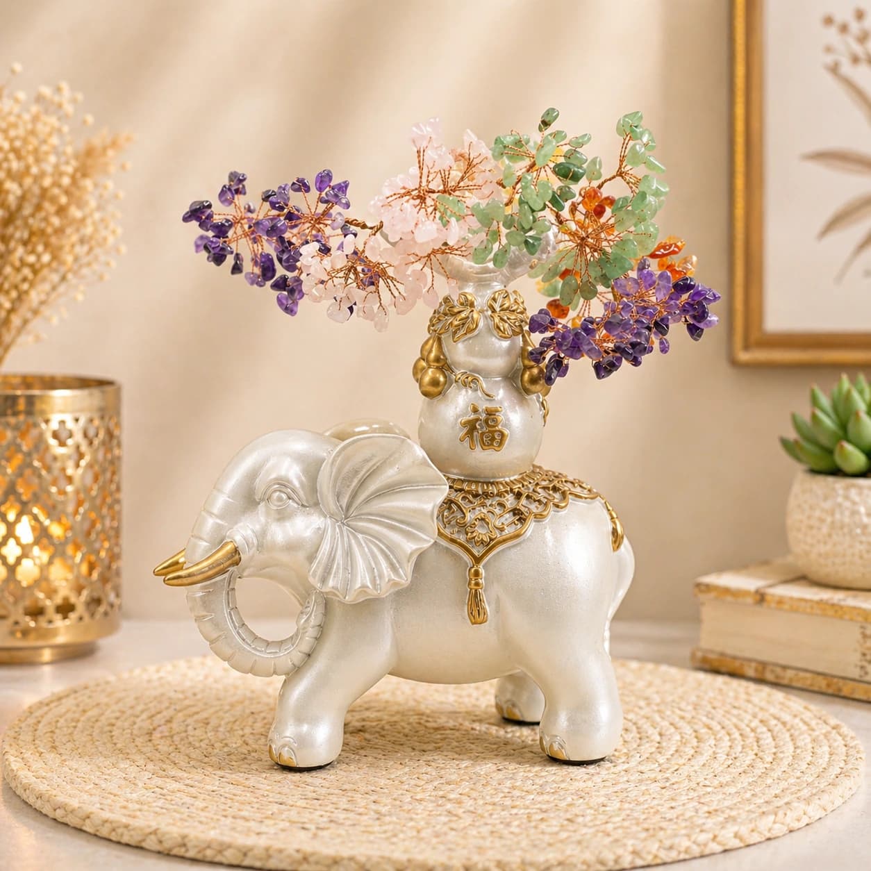 Pearl White Feng Shui Elephant with 5-Stone Crystal Tree & Fortune (Fu) Bag – Handcrafted Decorative Showpiece for Wealth, Luck & Positive Energy