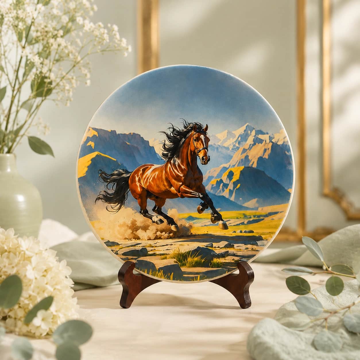 Premium Decorative Horse Art Plate with Wooden Display Stand | Mountain Horse Artwork Tabletop Decor 1