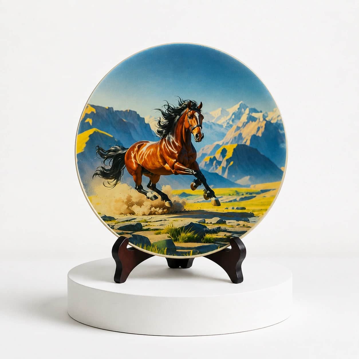 Premium Decorative Horse Art Plate with Wooden Display Stand | Mountain Horse Artwork Tabletop Decor 2