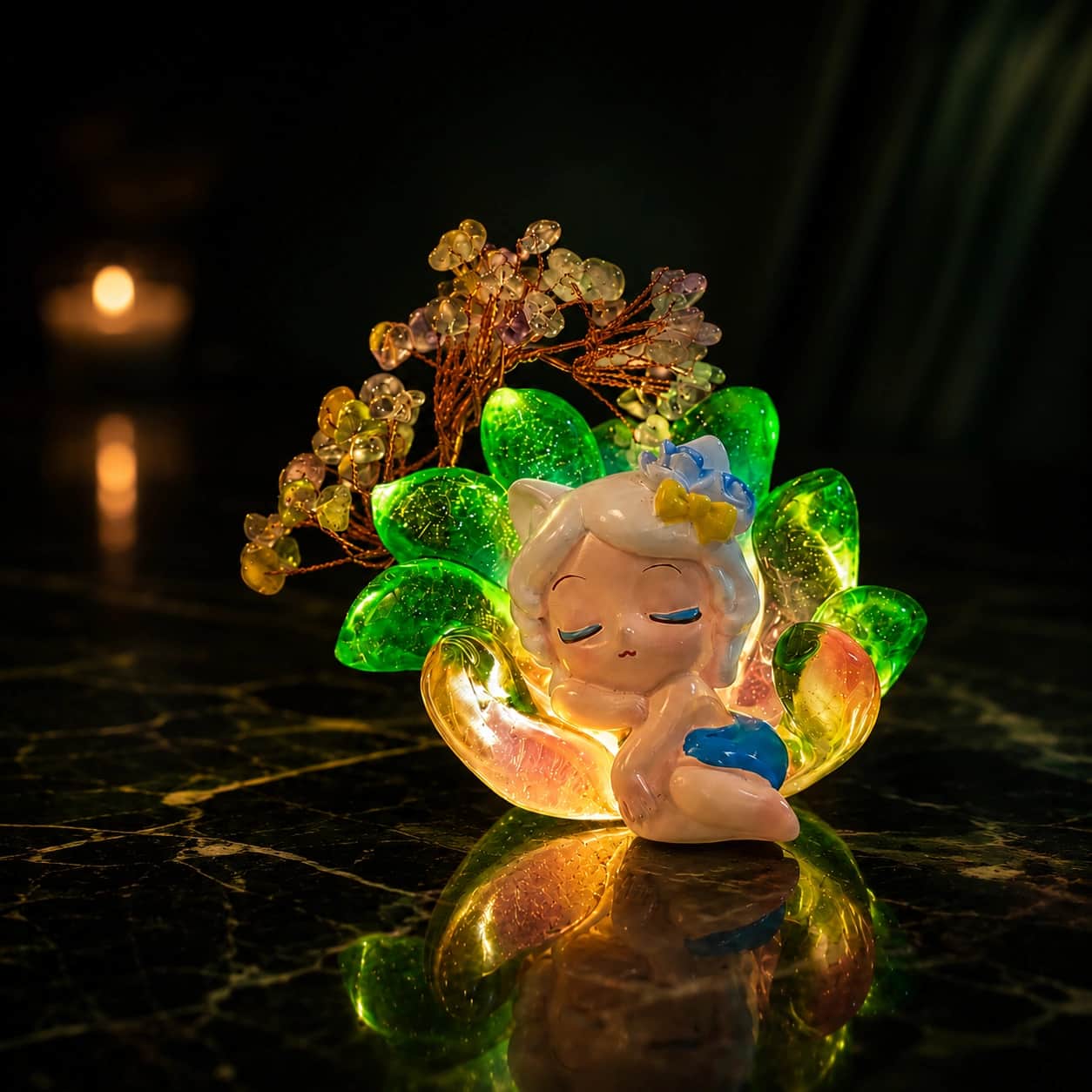 Premium Green Crystal Lotus Sleeping Figurine Decor with Gemstone Tree & LED Glow 1
