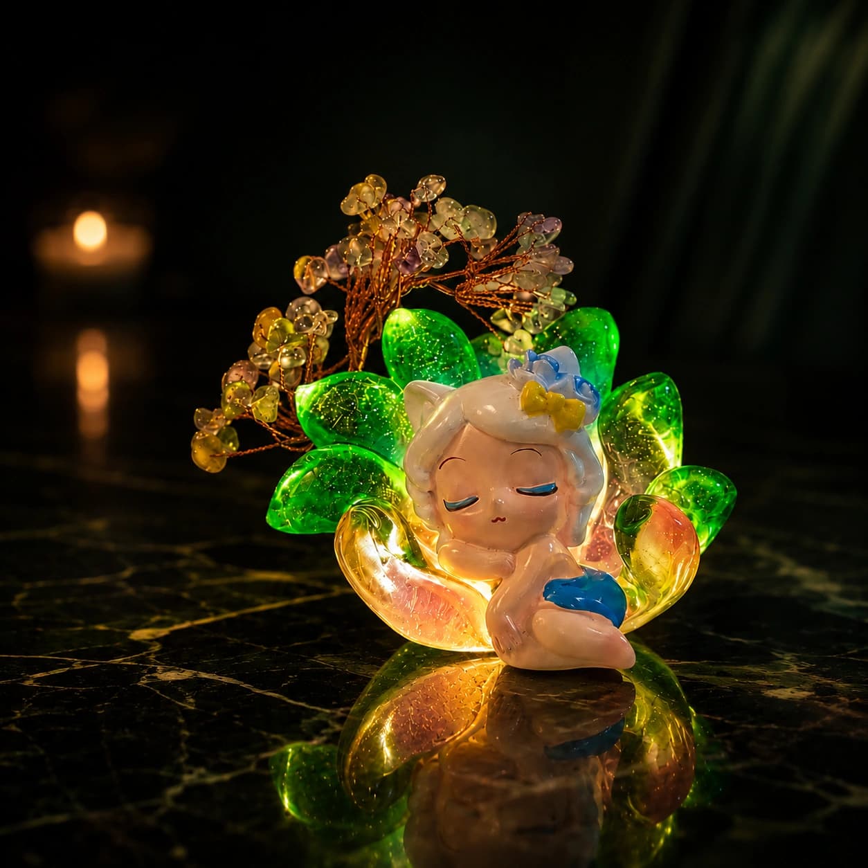 Premium Green Crystal Lotus Sleeping Figurine Decor with Gemstone Tree & LED Glow