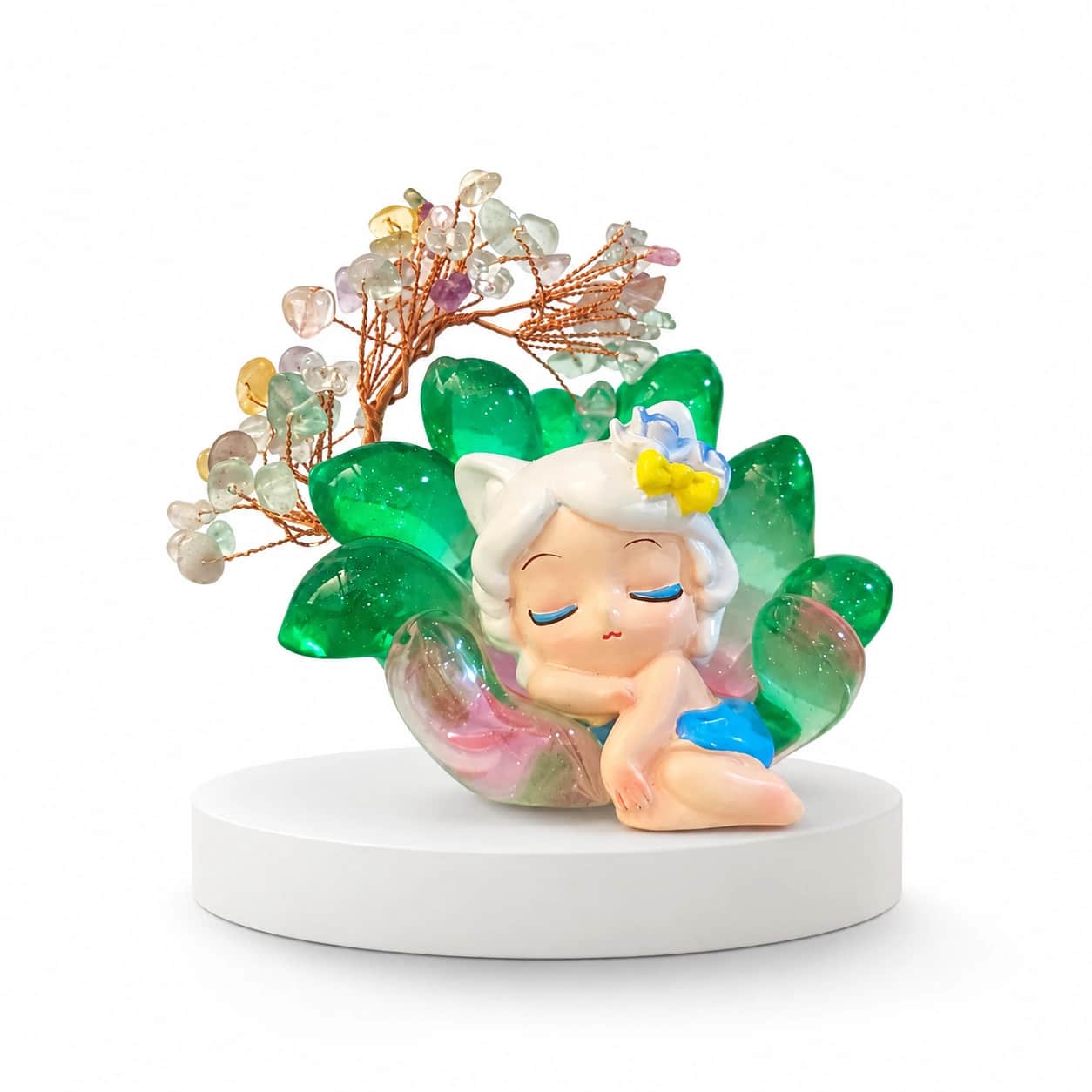 Premium Green Crystal Lotus Sleeping Figurine Decor with Gemstone Tree & LED Glow 2