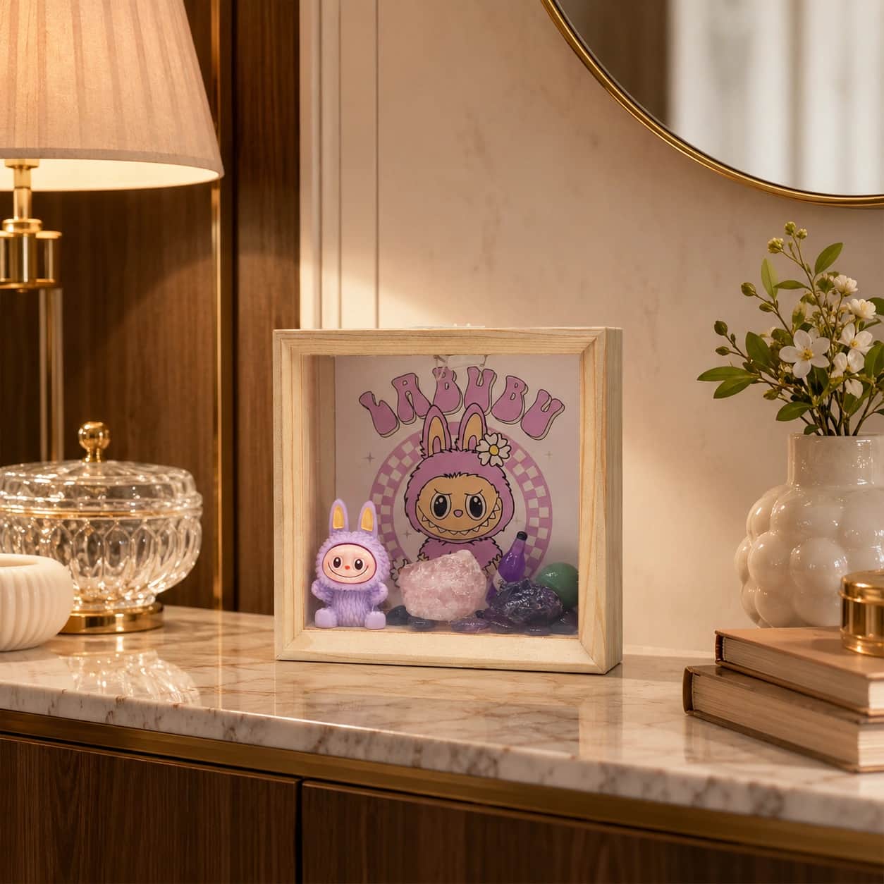 Premium LED Shadow Box Decor with Miniature Bunny Display, Crystal Stone Accents & Wooden Frame 1