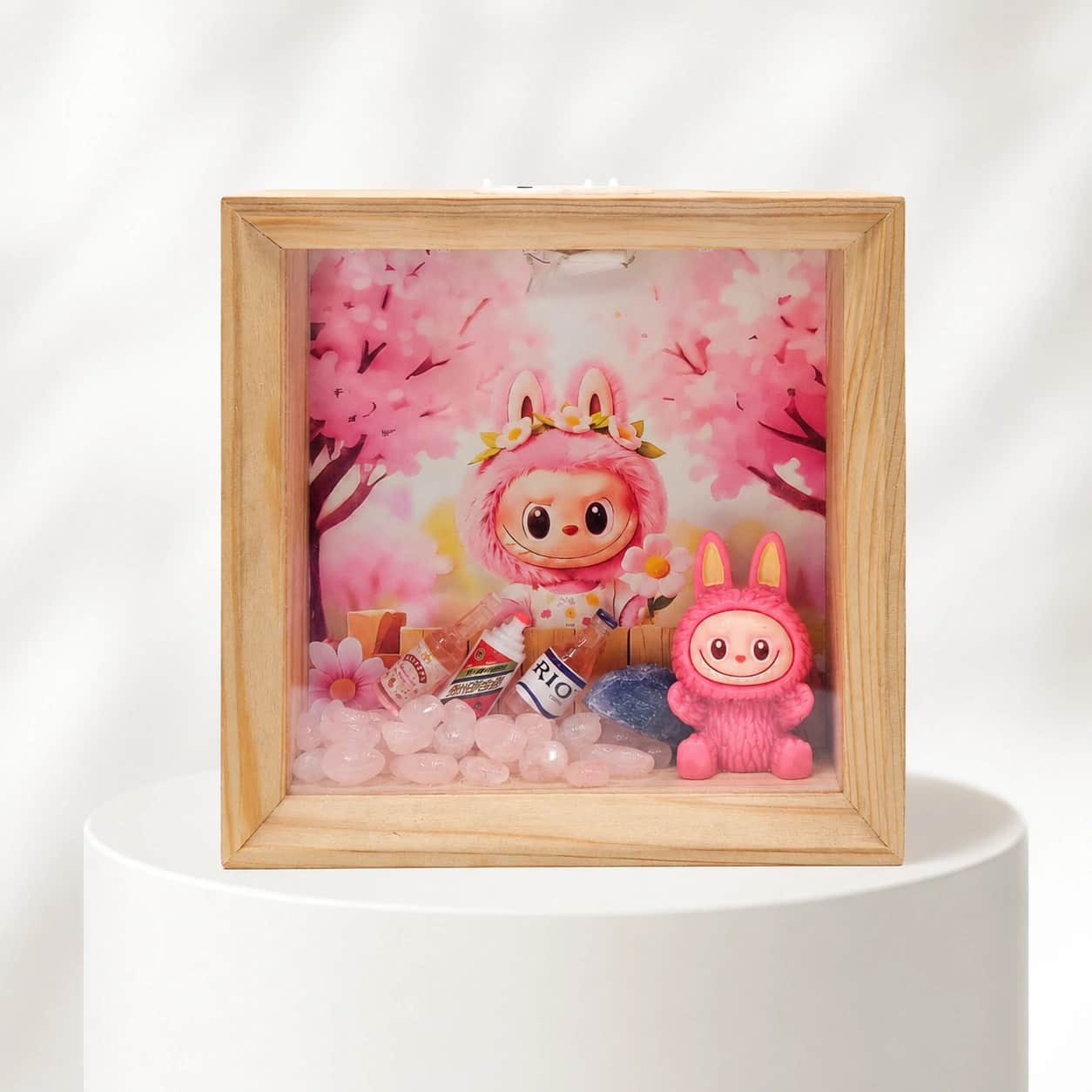 Premium LED Shadow Box Decor with Miniature Bunny Display, Crystal Stone Accents & Wooden Frame 2