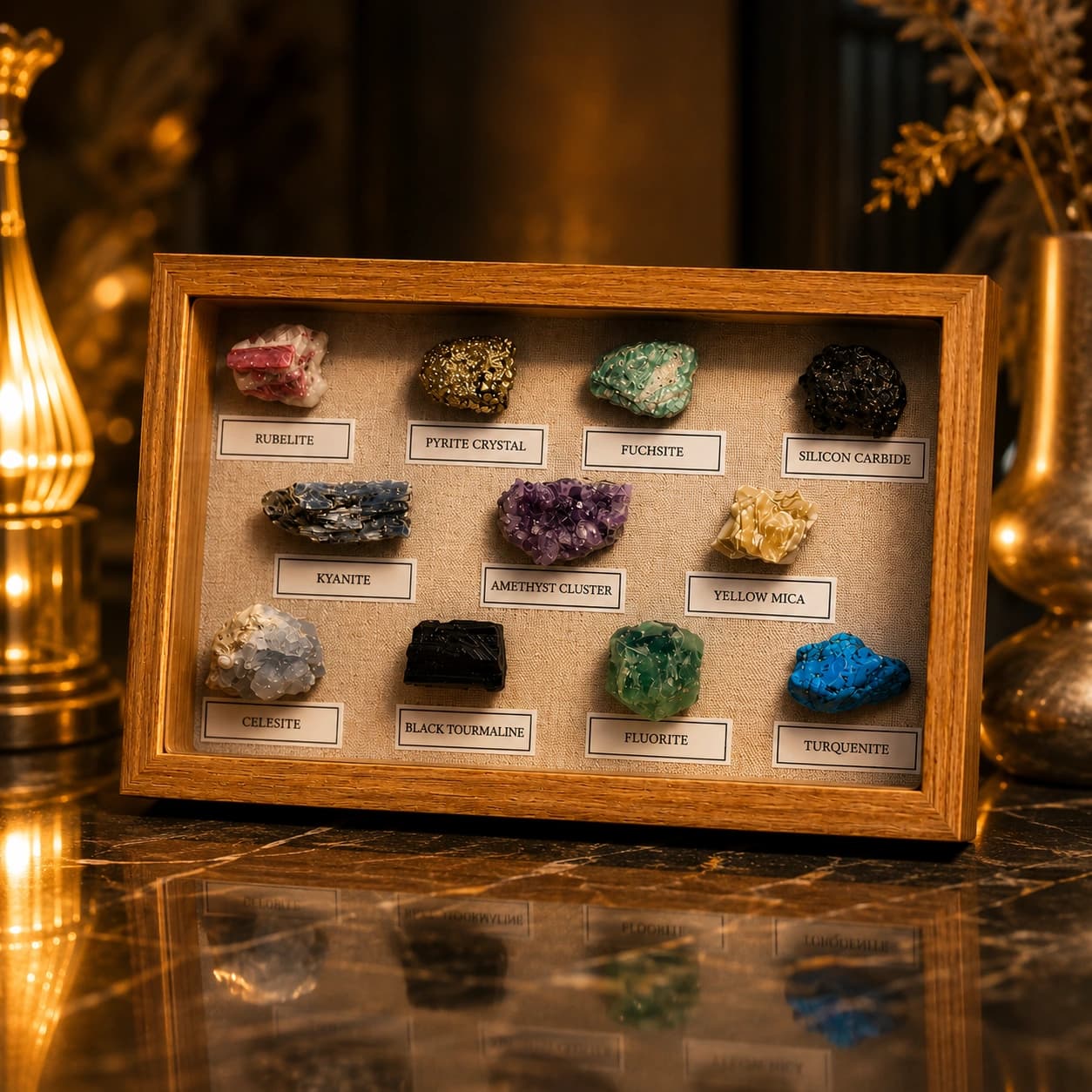 Premium Natural Crystal Collection Display Frame with Handpicked Gemstones & Mineral Specimens