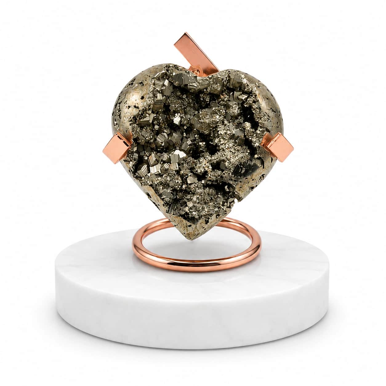 Premium Pyrite Heart LED Crystal Decor Piece | Natural Pyrite Gemstone Heart on Rose-Gold Stand | Electric Glowing Luxury Home Decor & Gift 2