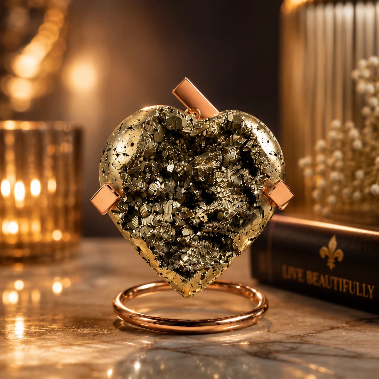 Premium Pyrite Heart LED Crystal Decor Piece | Natural Pyrite Gemstone Heart on Rose-Gold Stand | Electric Glowing Luxury Home Decor & Gift