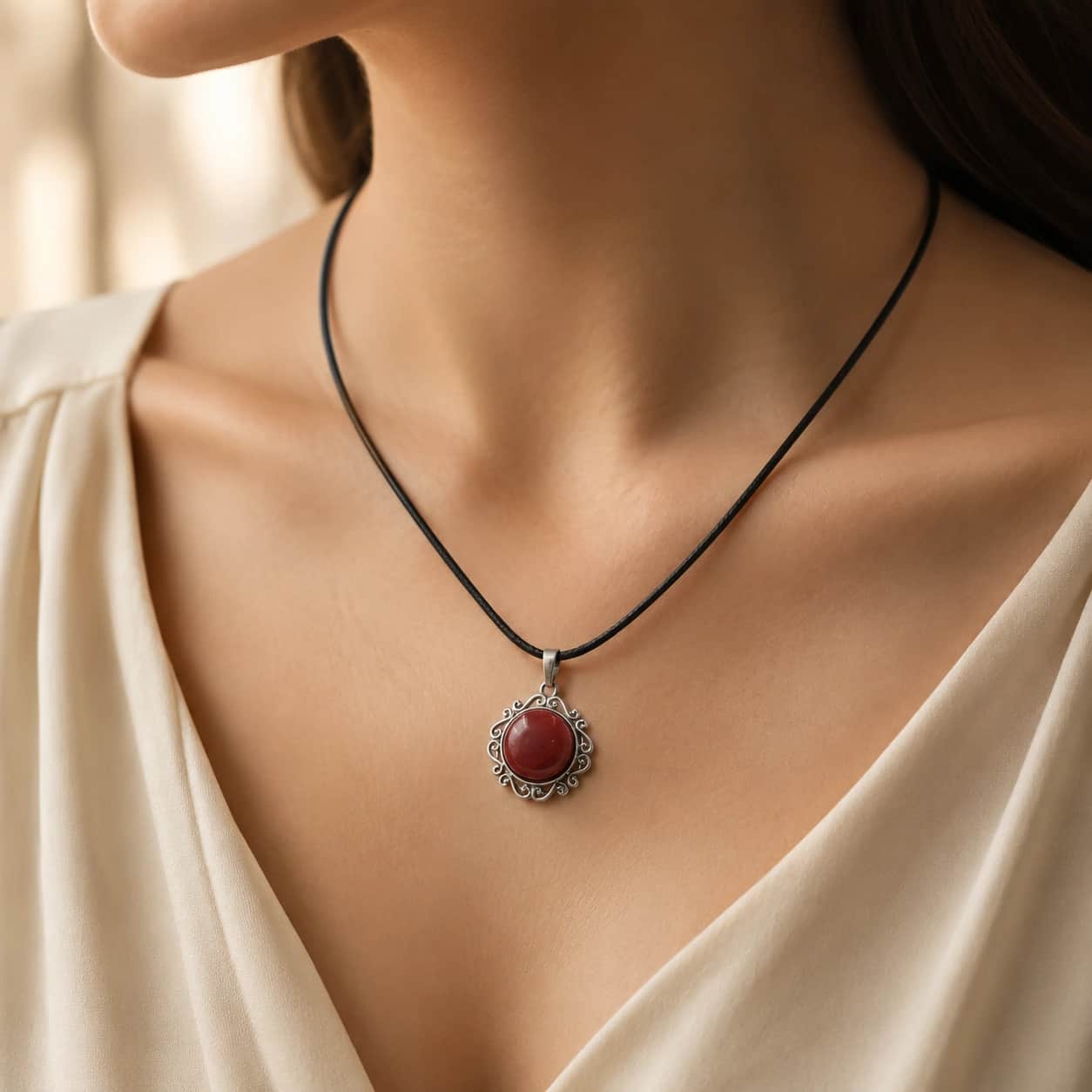 Premium Red Jasper Pendant Necklace with Silver-Tone Ornate Frame and Black Cord 1