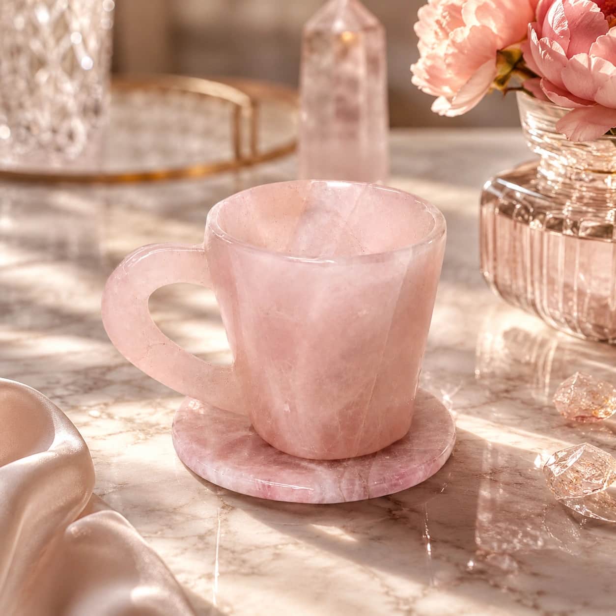 Premium Rose Quartz Crystal Cup with Coaster | Handcrafted Natural Crystal Decor | Luxury Love & Healing Gift 1