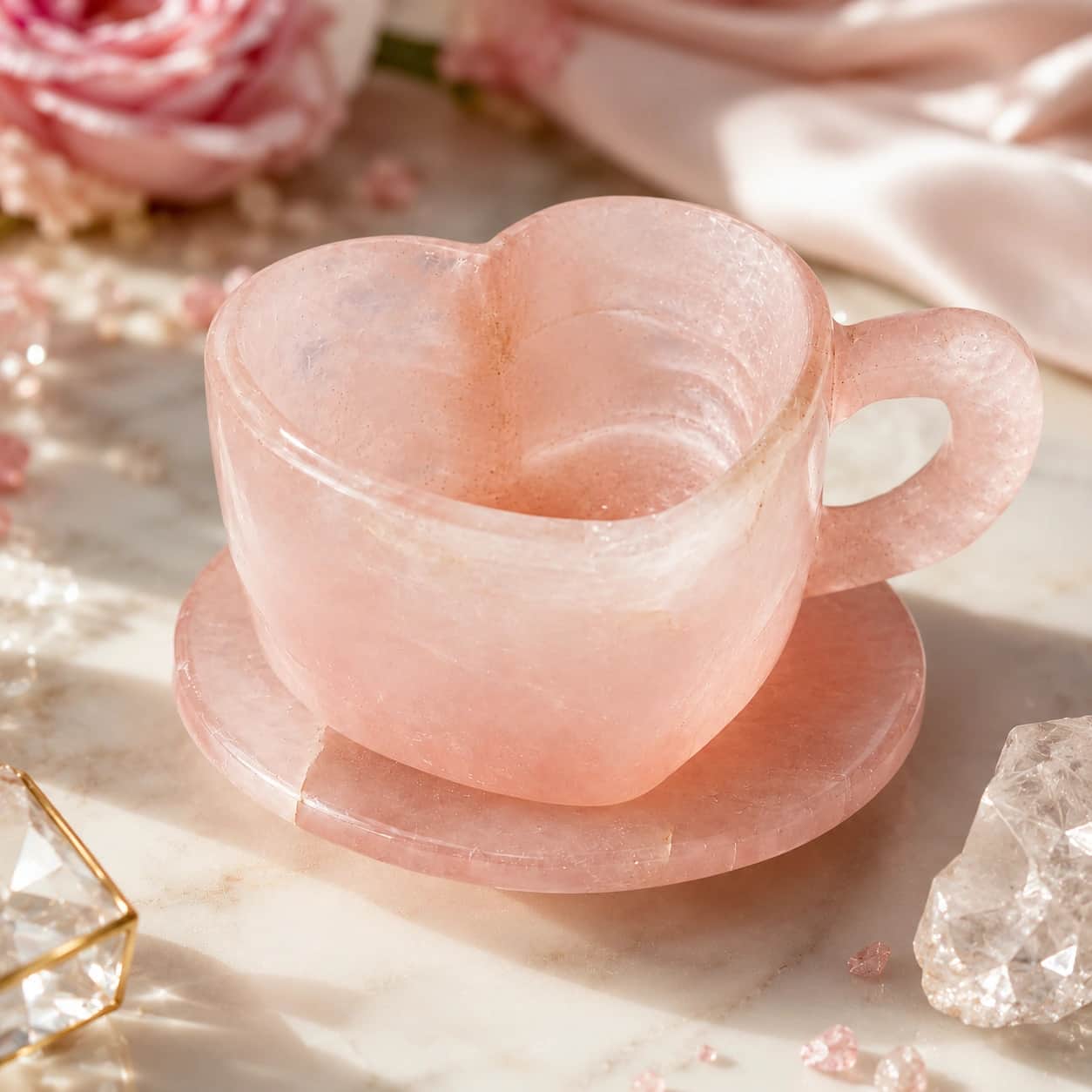 Premium Rose Quartz Heart Cup with Saucer | Handcrafted Natural Crystal Decor | Love & Healing Gift 1