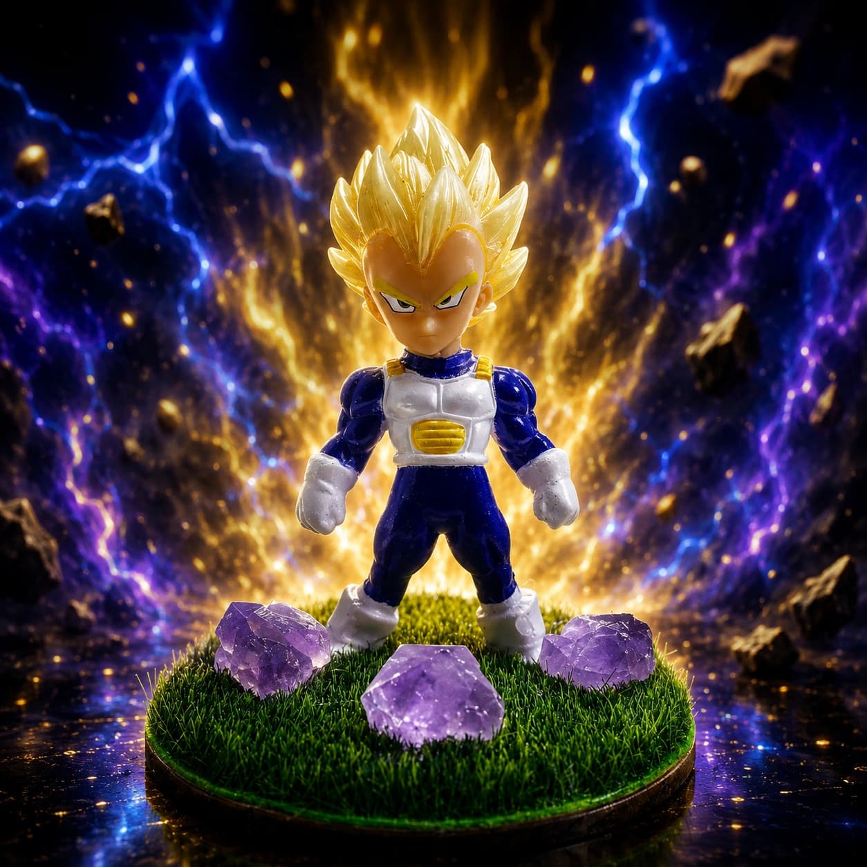 Premium Vegeta Anime Warrior Figurine Decor with Grass Base & Amethyst-Style Crystal Stones