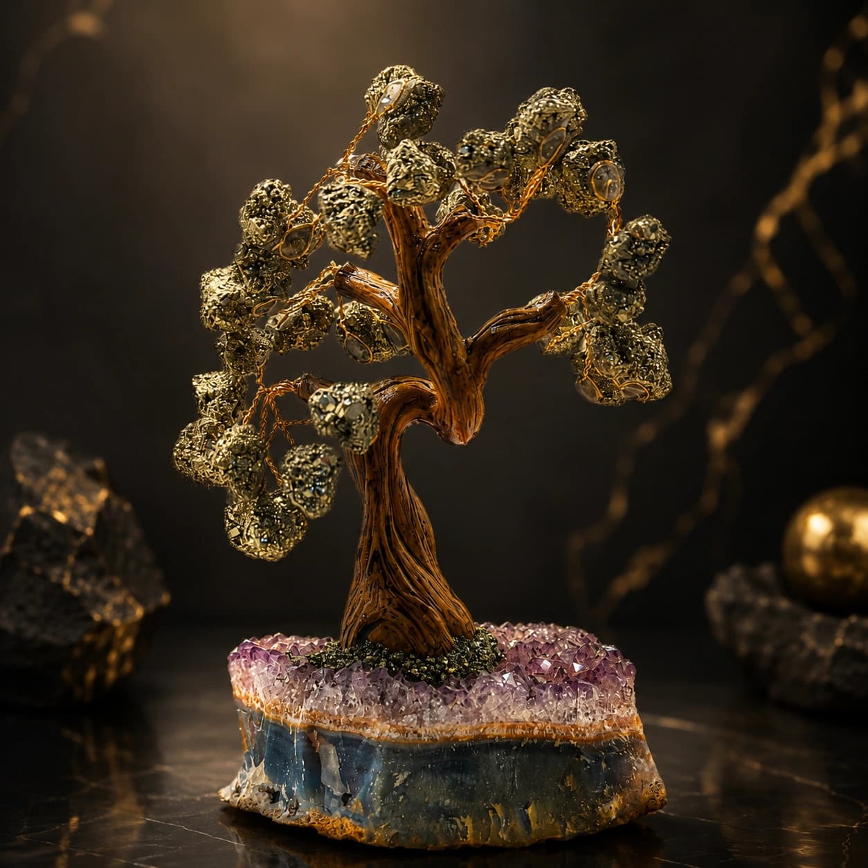 Pyrite Gemstone Tree on Natural Amethyst Base | Handcrafted Crystal Money Tree | Wealth, Abundance & Positive Energy | Luxury Home Decor & Premium Gift