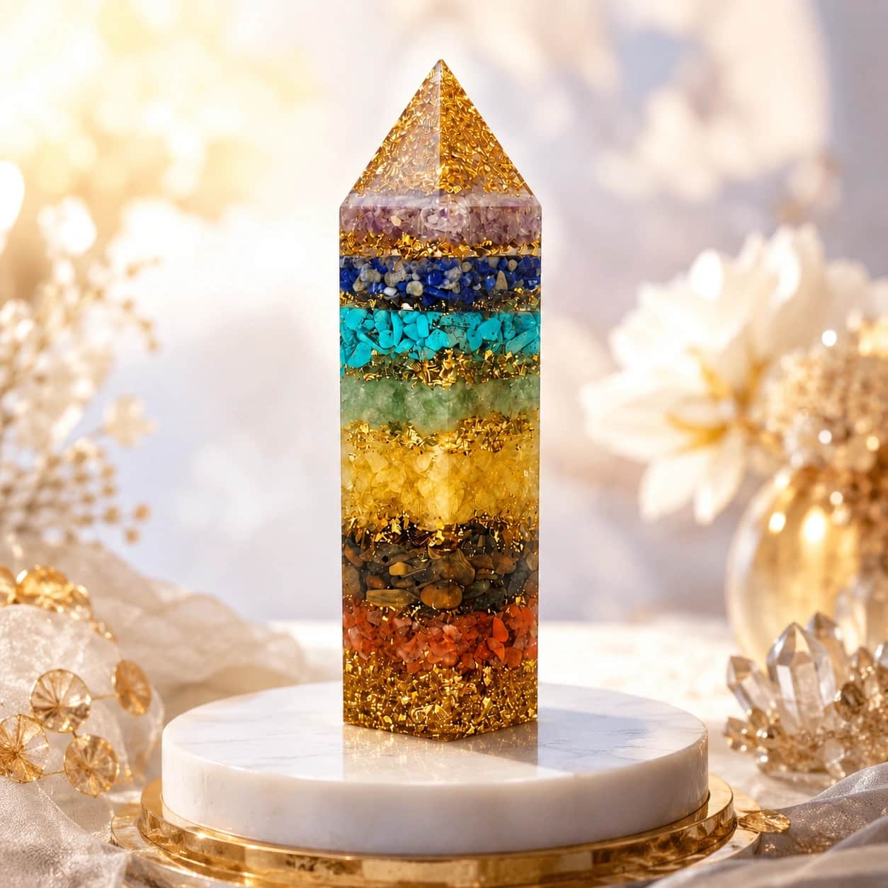 Rainbow Crystal Tower – Layered Crystal Chip Gold Flake Resin Point 1