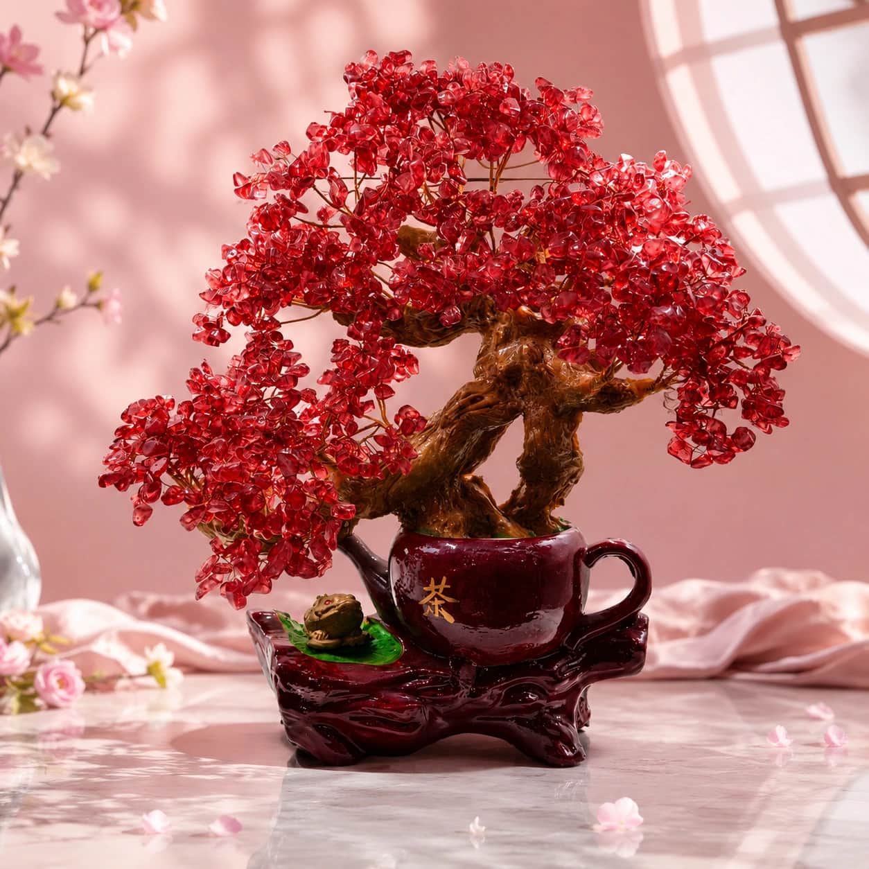 Red Crystal Bonsai Tree Handcrafted Luxury Gemstone Decor with Teapot Base 1