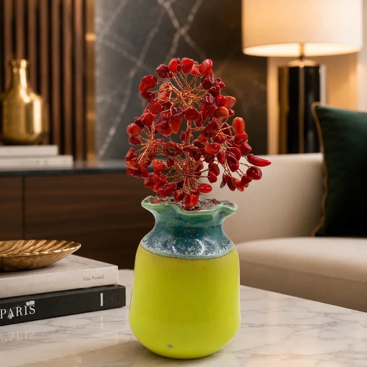 Red Jasper Tree | Handcrafted Jasper Crystal Tree Decor with Yellow Ceramic Vase 1