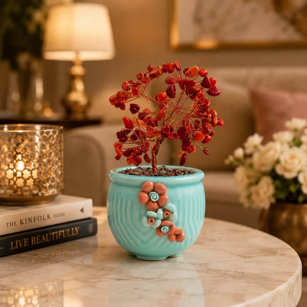 Red Jasper Tree in Aqua Blue Ceramic Flower Pot | Handcrafted Crystal Gemstone Tree Decor | Natural Red Jasper Chips with Copper Wire Branches | Premium Home & Office Decor Gift 1