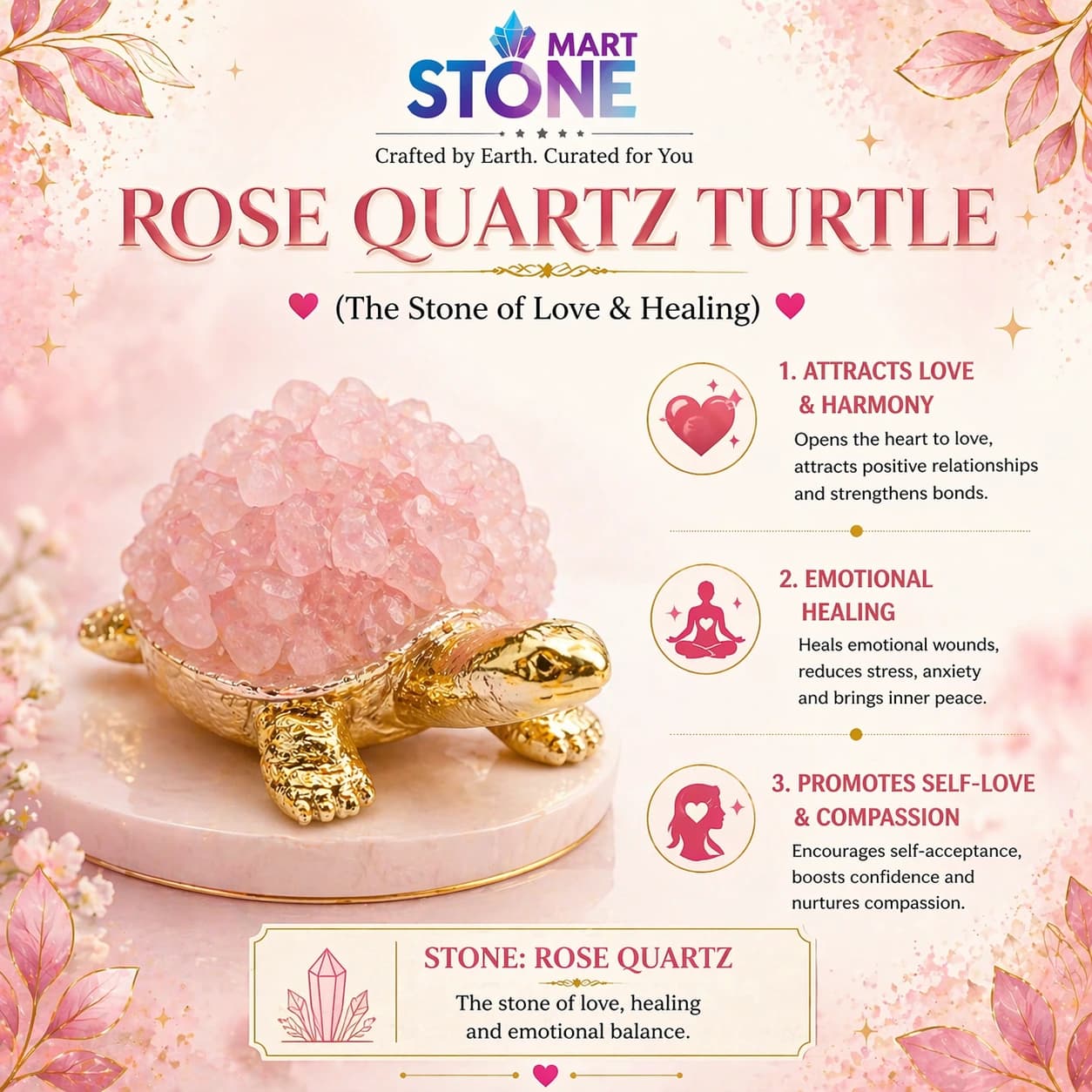 Rose Quartz Crystal LED Turtle Showpiece – Stone of Love & Healing | Handcrafted Golden Feng Shui Tortoise Night Lamp for Romance, Harmony & Self-Love