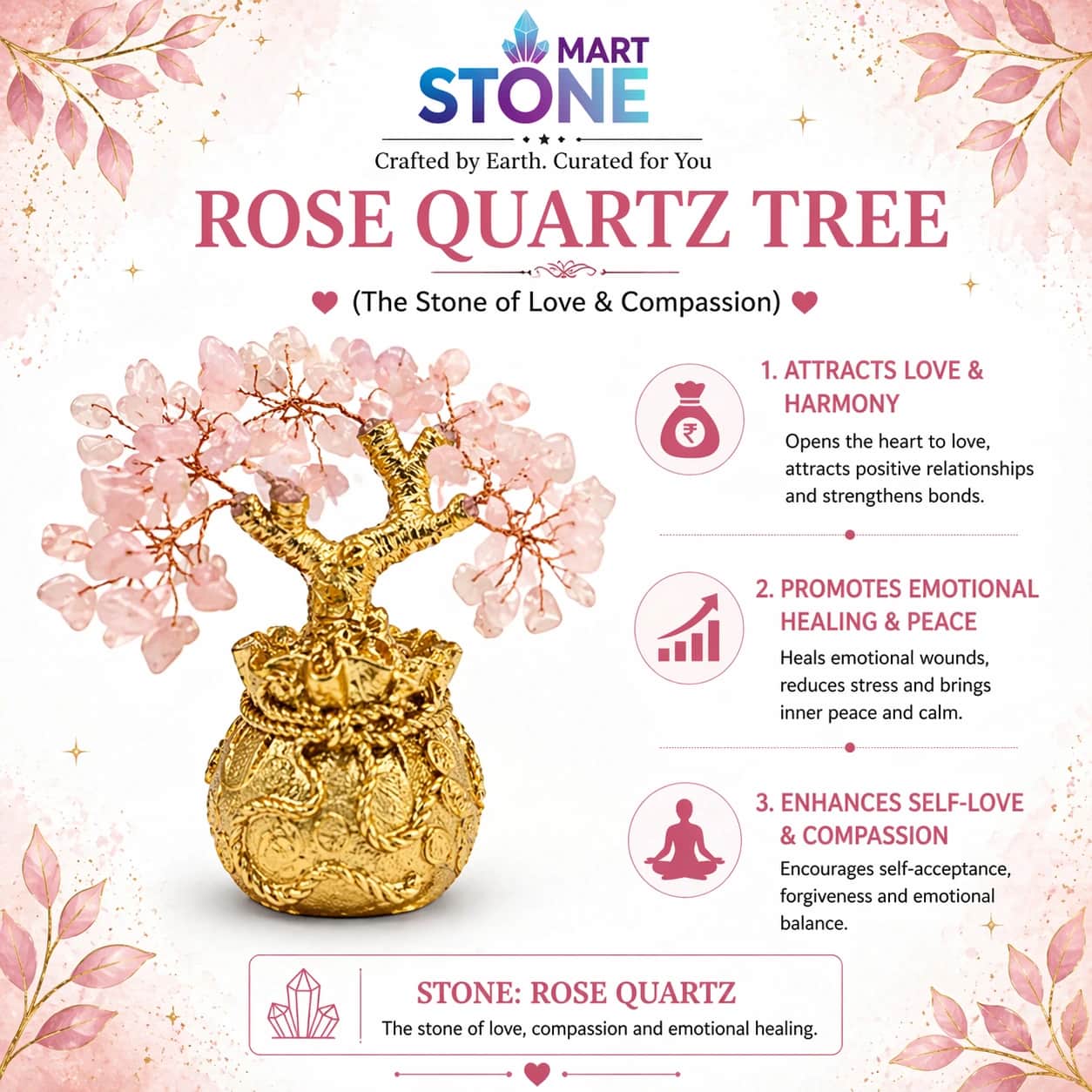 Rose Quartz Crystal Tree – Natural Rose Quartz Feng Shui Tree for Love, Harmony & Emotional Healing | Handcrafted Gemstone Bonsai 1