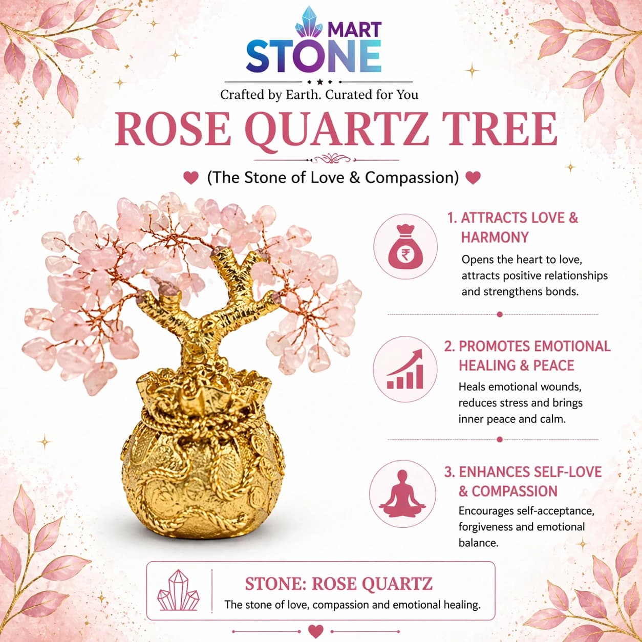 Rose Quartz Crystal Tree – Natural Rose Quartz Feng Shui Tree for Love, Harmony & Emotional Healing | Handcrafted Gemstone Bonsai