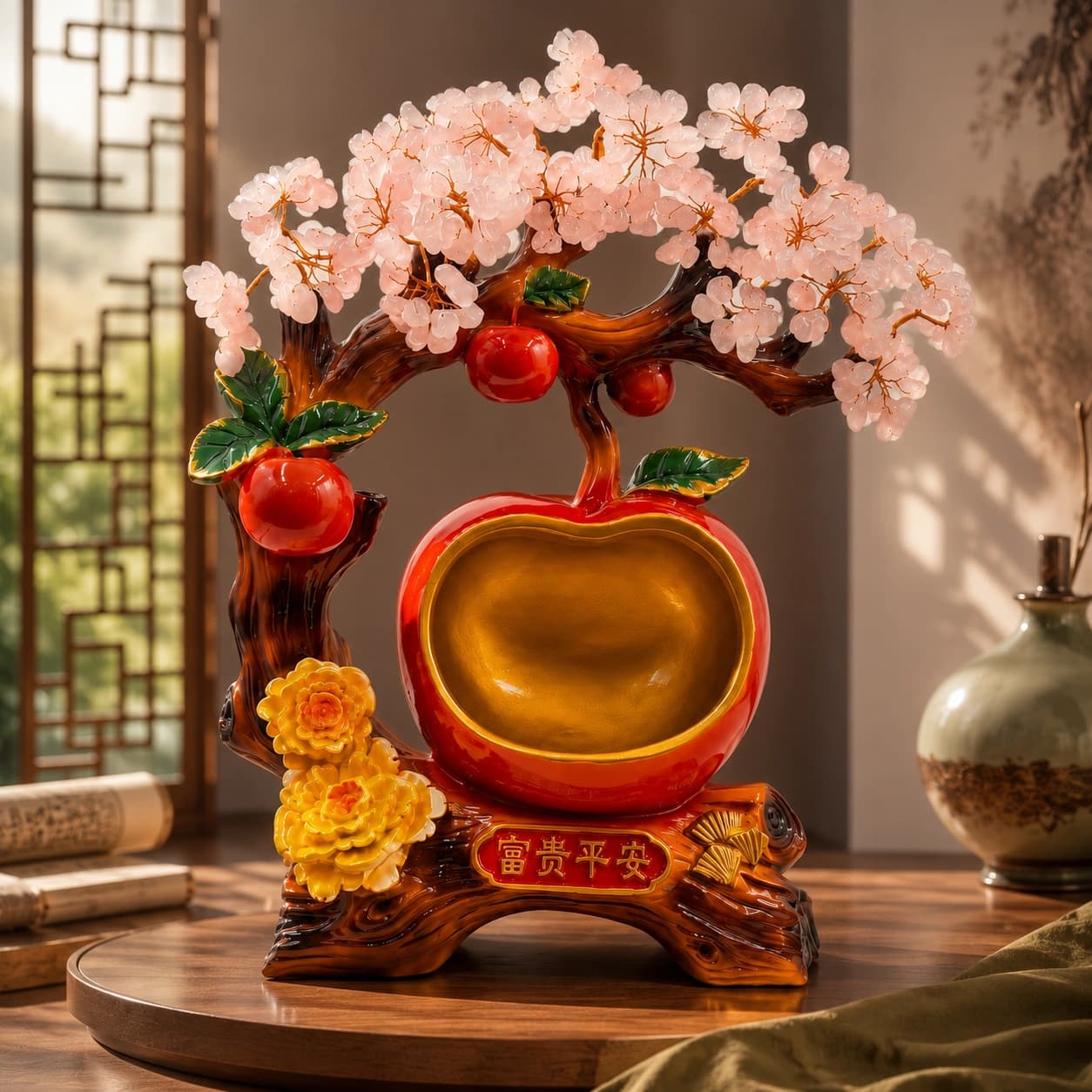 Rose Quartz Crystal Tree with Apple-Shaped Bowl Decorative Centerpiece