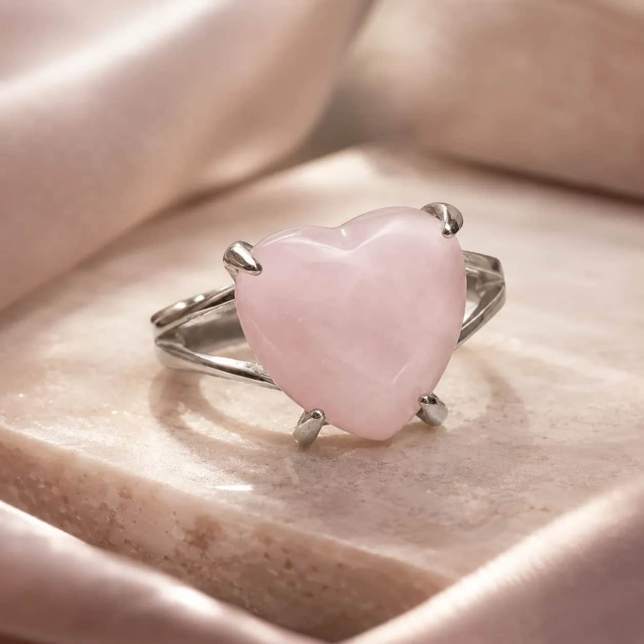 Rose Quartz Heart Adjustable Ring 1
