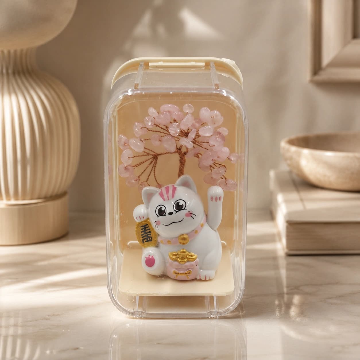Rose Quartz Lucky Cat Showcase Decorative Crystal Tree Showpiece