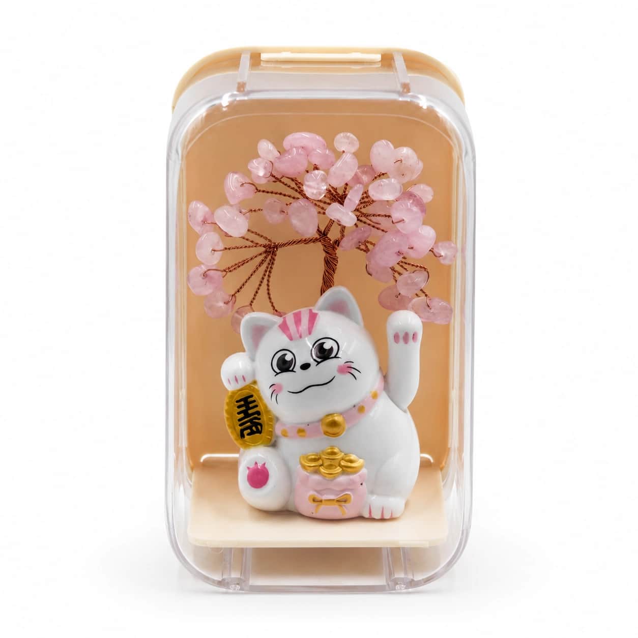 Rose Quartz Lucky Cat Showcase Decorative Crystal Tree Showpiece 2