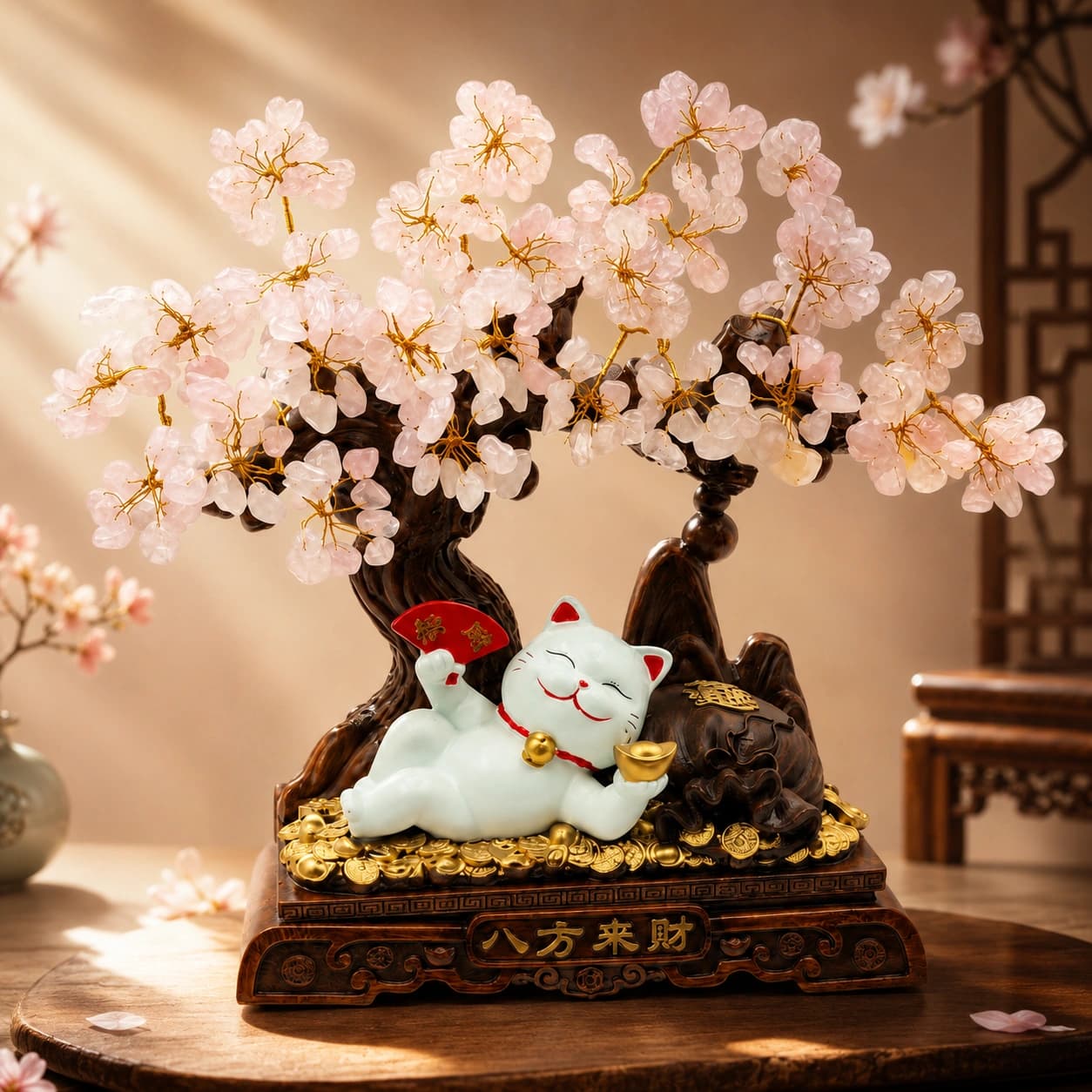 Rose Quartz Prosperity Tree with Lucky Cat Figurine | Natural Crystal Blossom Feng Shui Décor