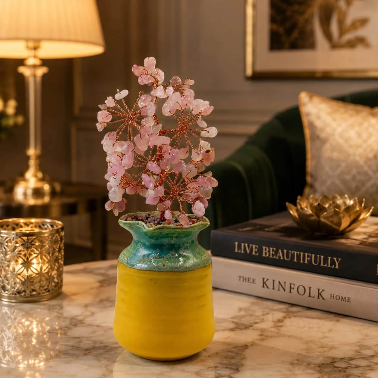 Rose Quartz Tree with Yellow Ceramic Vase | 105 Beads Handmade Crystal Tree for Love, Harmony & Positive Energy Home Decor Gift 1