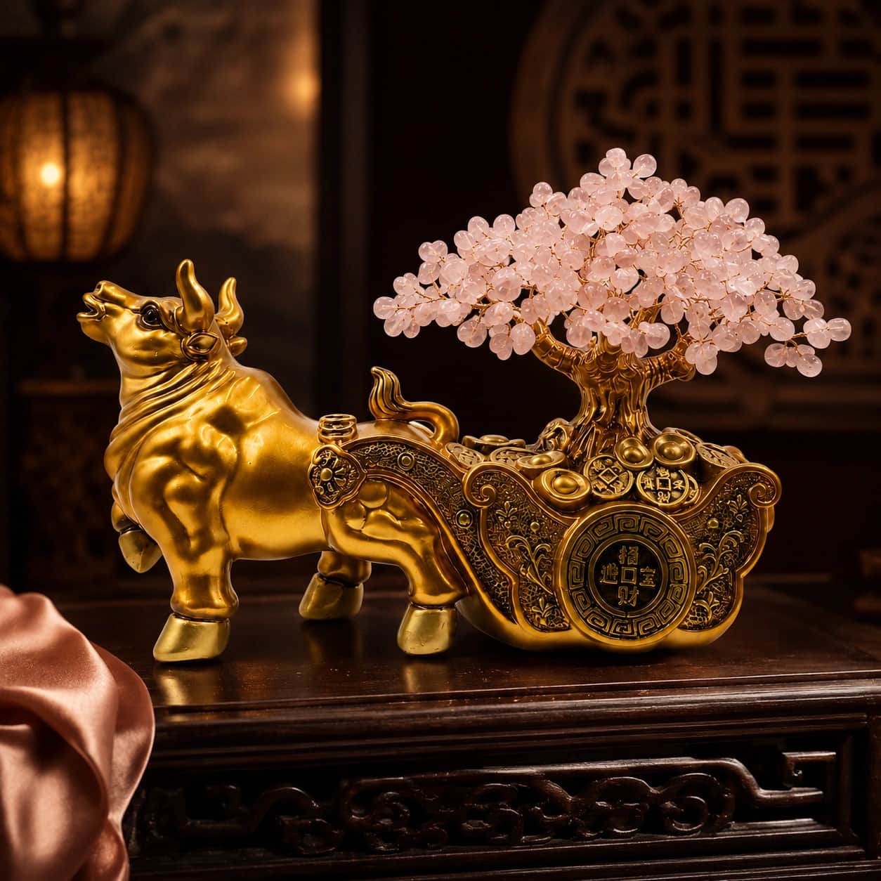 Rose Quartz Wealth Bull Decor Crystal Tree Showpiece 1