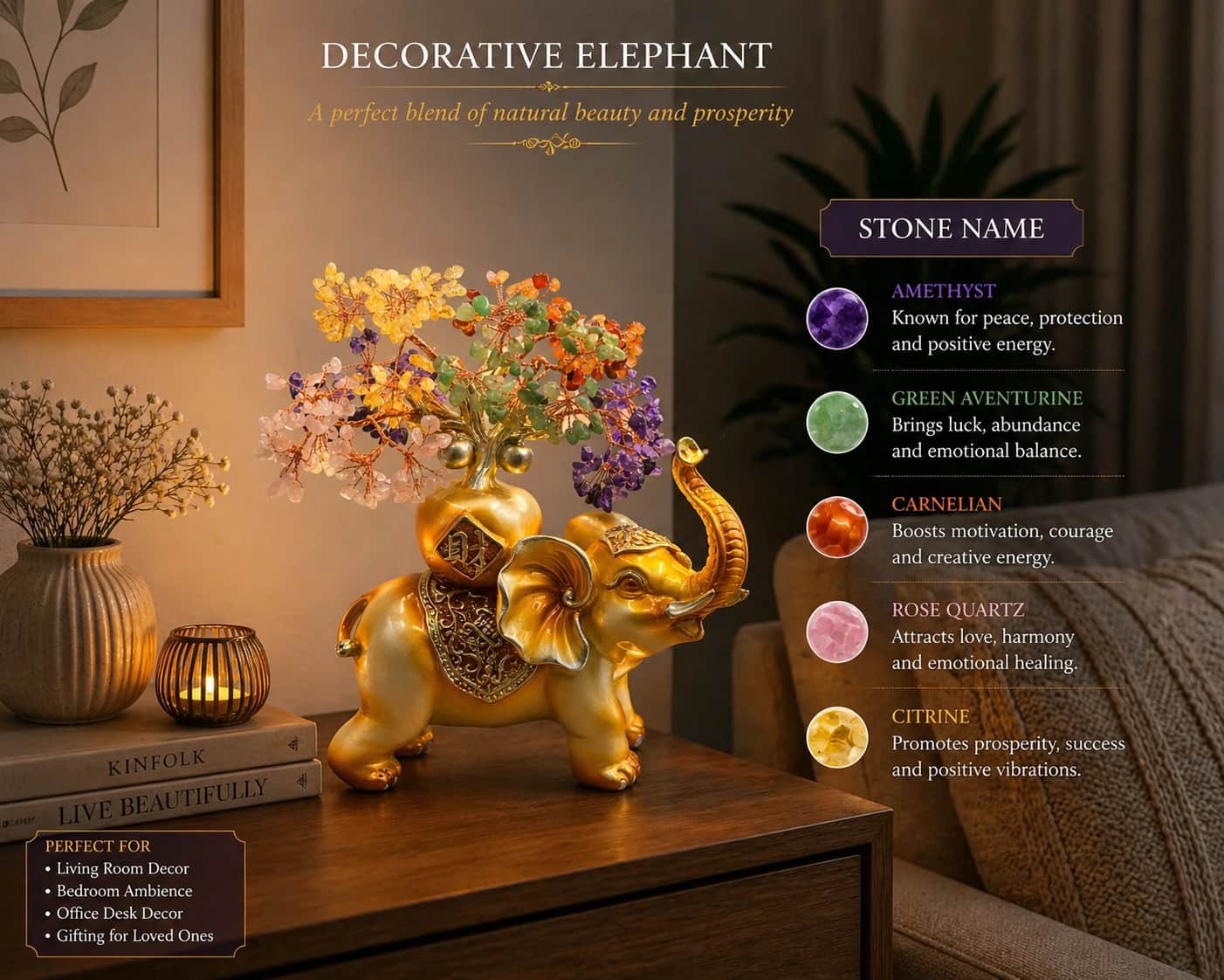 Royal Golden Feng Shui Elephant (Trunk-Up) with 5-Stone Crystal Wealth Tree– Handcrafted Decorative Showpiece for Wealth, Luck & Positive Energy 2