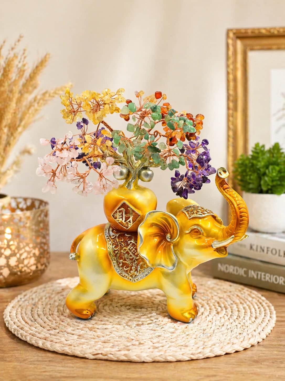 Royal Golden Feng Shui Elephant (Trunk-Up) with 5-Stone Crystal Wealth Tree– Handcrafted Decorative Showpiece for Wealth, Luck & Positive Energy 1